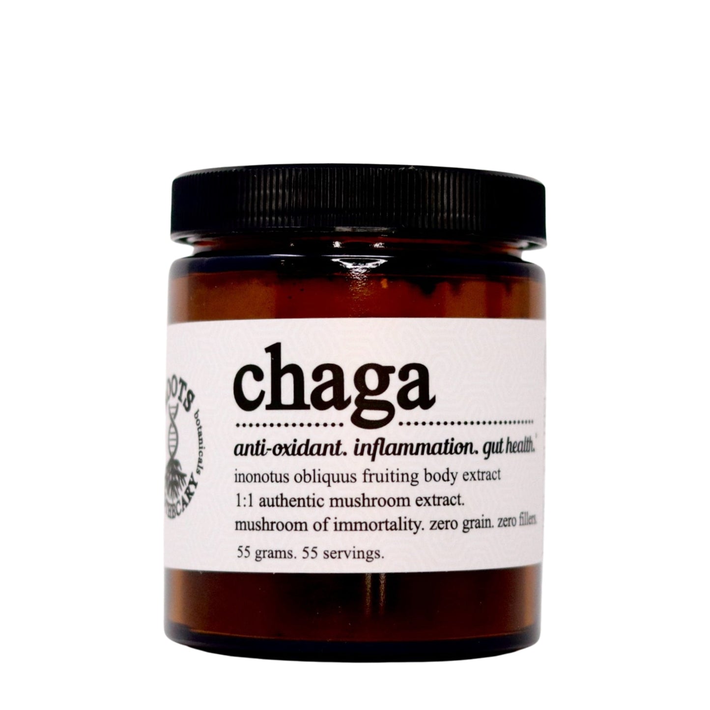 Roots Apothecary 3 Pack Shroom Stack: Three brown glass jars with black lids, labeled chaga. Each jar contains 55g (55 servings) of pure Inonotus obliquus extract—100% fruiting body, no fillers—rich in beta-glucans for anti-oxidant and gut health benefits.
