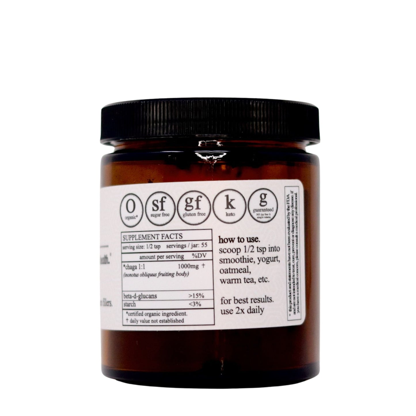 A brown Roots Apothecary jar with black lid features a white label listing supplement facts, usage, and icons for no sugar, soy-free, gluten-free, keto, and GMP. Highlighted: organic chaga mushroom extract—add 1/2 tsp twice daily for immune support.