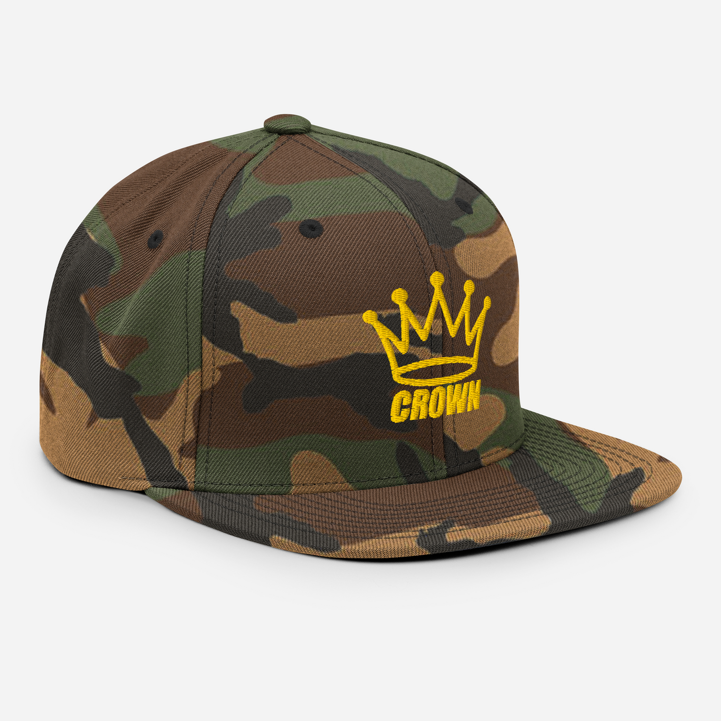 The CROWN PICKLEBALL - Corona Snap-back Hat (Camo) by Crown Pickleball features a camouflage pattern, yellow embroidered crown graphic, and "CROWN" on the front. This adjustable hat is shown in green, brown, and black on a white background.