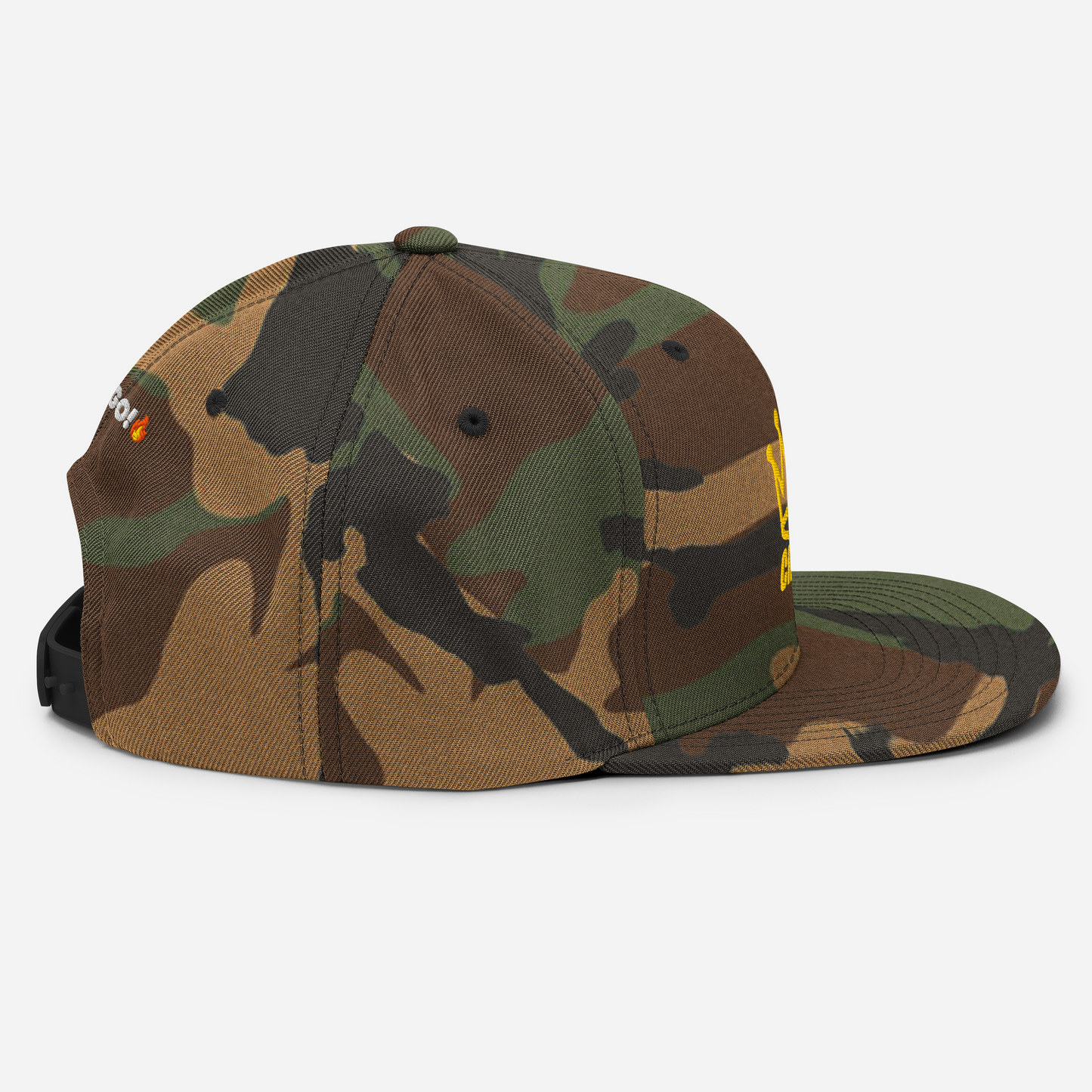 The Crown Pickleball - Corona Snap-back Hat (Camo) by Crown Pickleball features a rugged camo design with brown, green, and black shades, black stitching, a black adjustable strap, and yellow text—perfect for outdoor adventures.