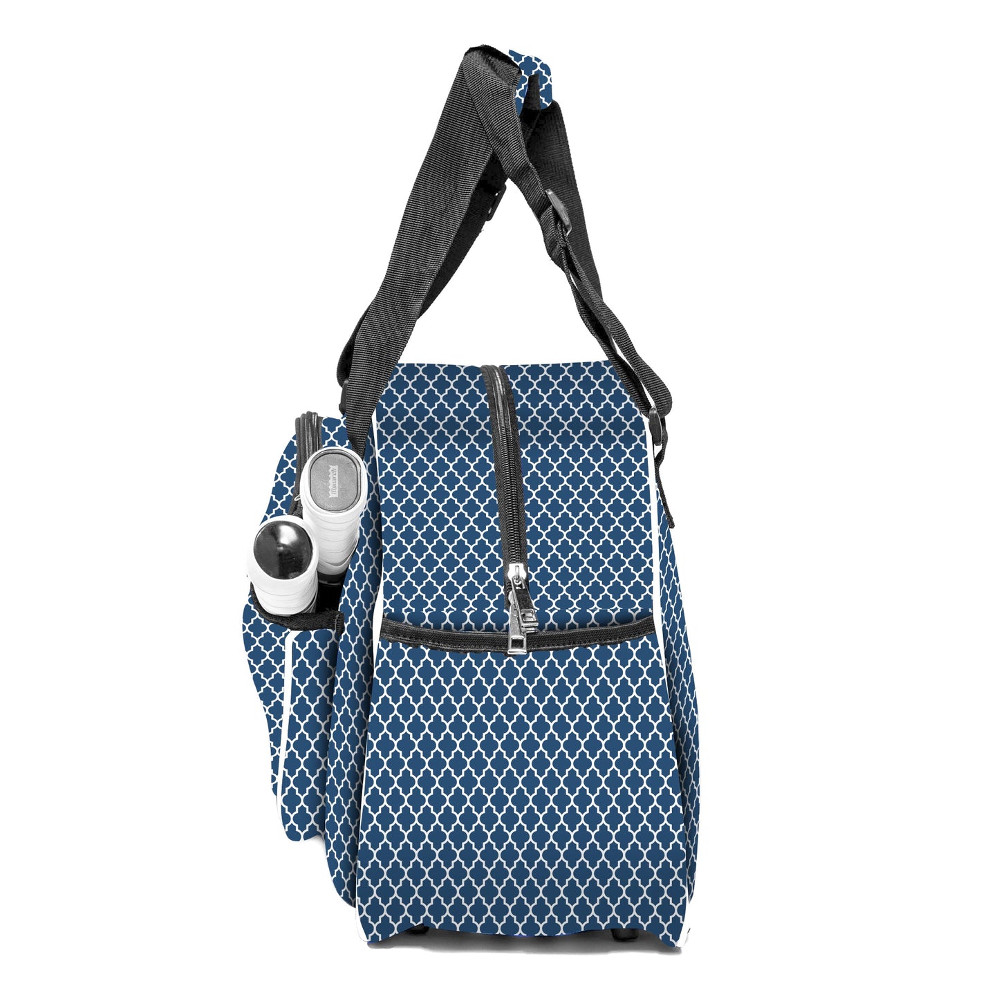 The Pik'le'Ball Sports Classy Premium Women's Pickleball Bag features a blue and white diamond pattern, black straps, zippered top, front pocket, and two elastic side pockets for a water bottle and cups.