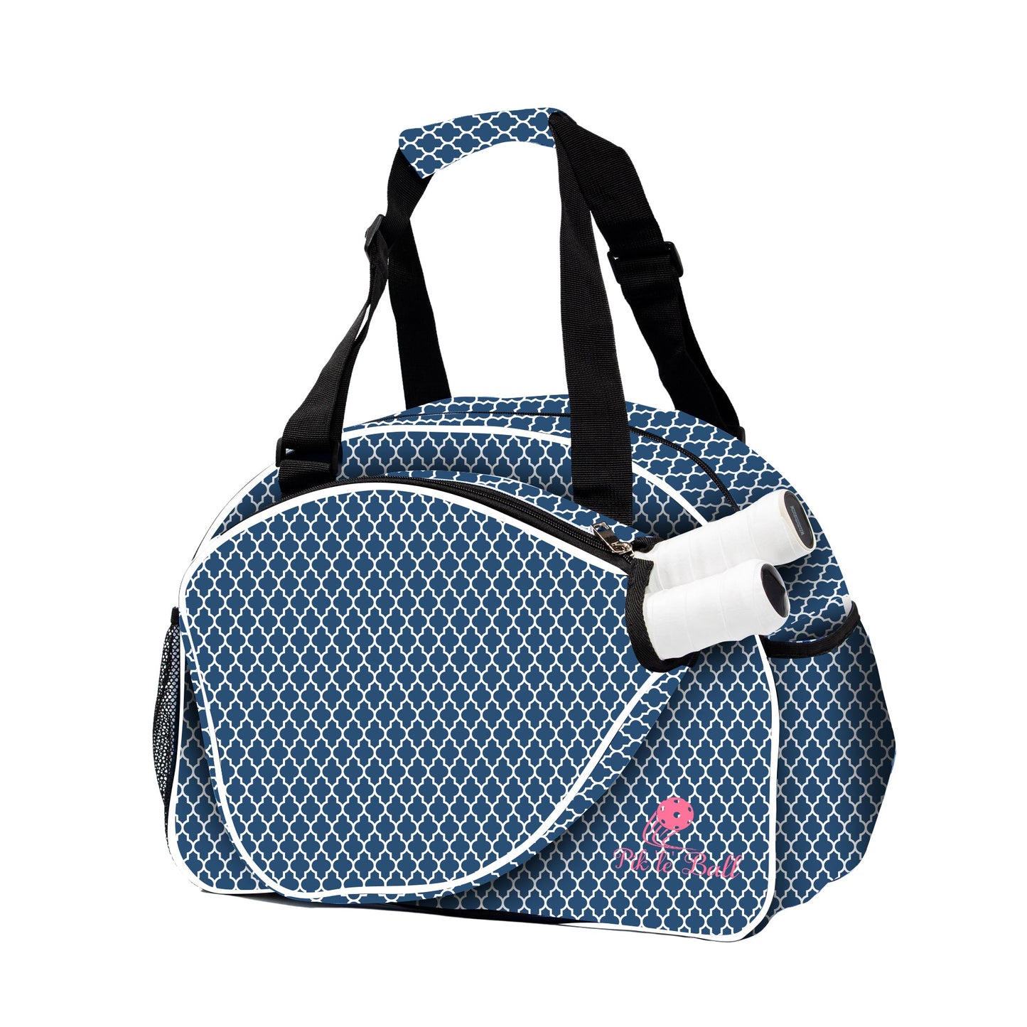 The Classy Blue Premium Women's Pickleball Bag by Pik'le'Ball Sports features a blue and white pattern, black handles, large front zip pocket, side mesh pocket with two white tape rolls, and a small pink logo with text on the lower front.