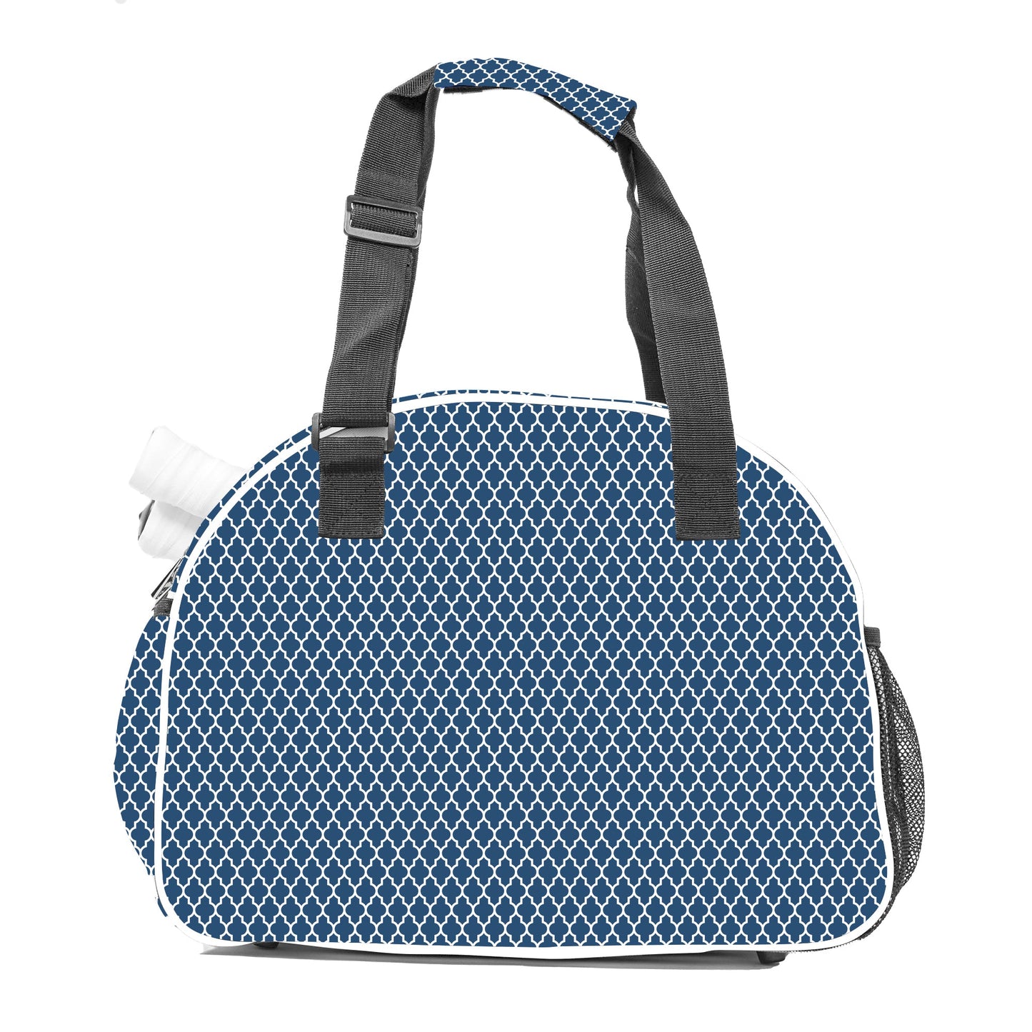 The Pik'le'Ball Sports Classy Blue Premium Women's Pickleball Bag features a white geometric pattern, black handles, an adjustable shoulder strap, side mesh pocket for a water bottle, and white piping—offering stylish functionality.