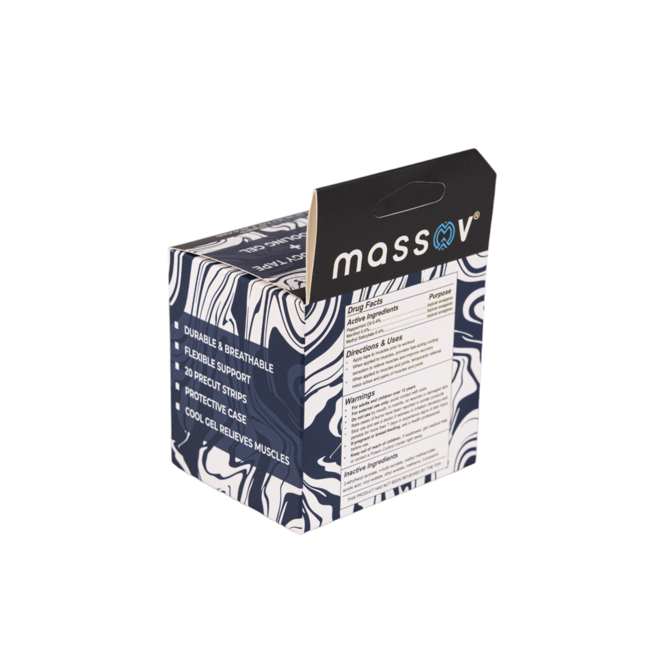 A rectangular box of Massov Cooling Menthol Kinesiology Tape with a black, white, and blue marbled pattern, the brand name on the top flap, and features, directions, and warnings listed in white text on a dark background.