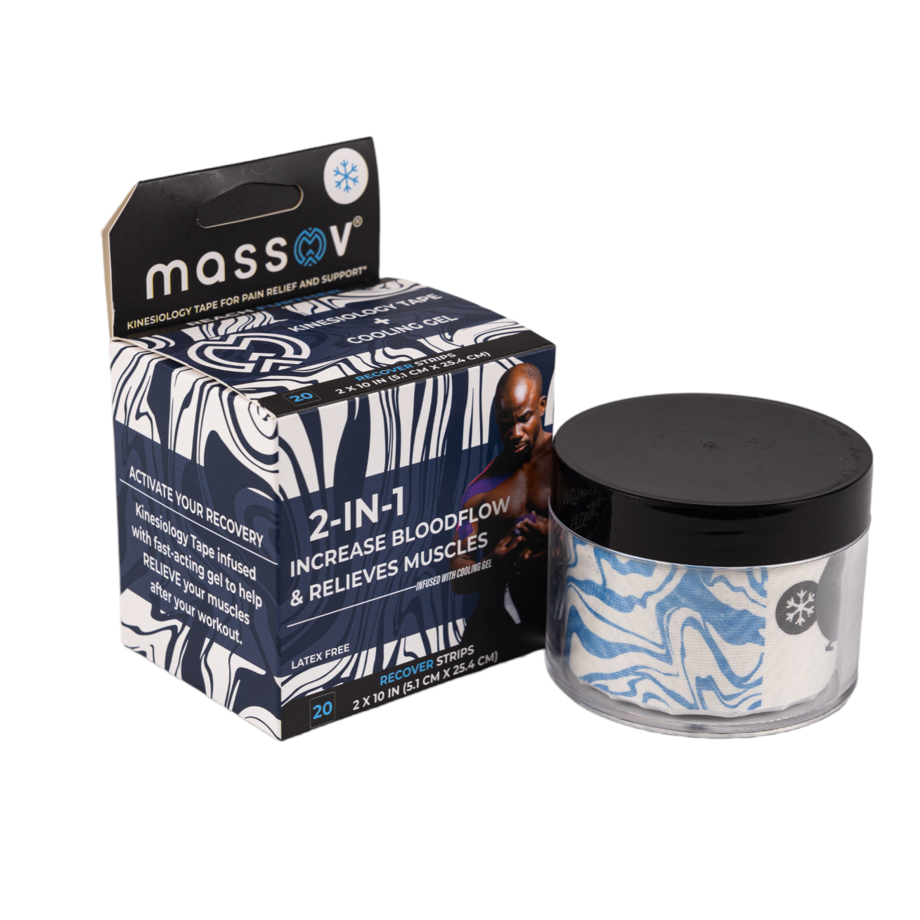 A container and box of Massov Cooling Menthol Kinesiology Tape for pain relief and muscle support. The blue and white wavy tape is visible in the clear jar, with packaging showing a muscular figure and product information.