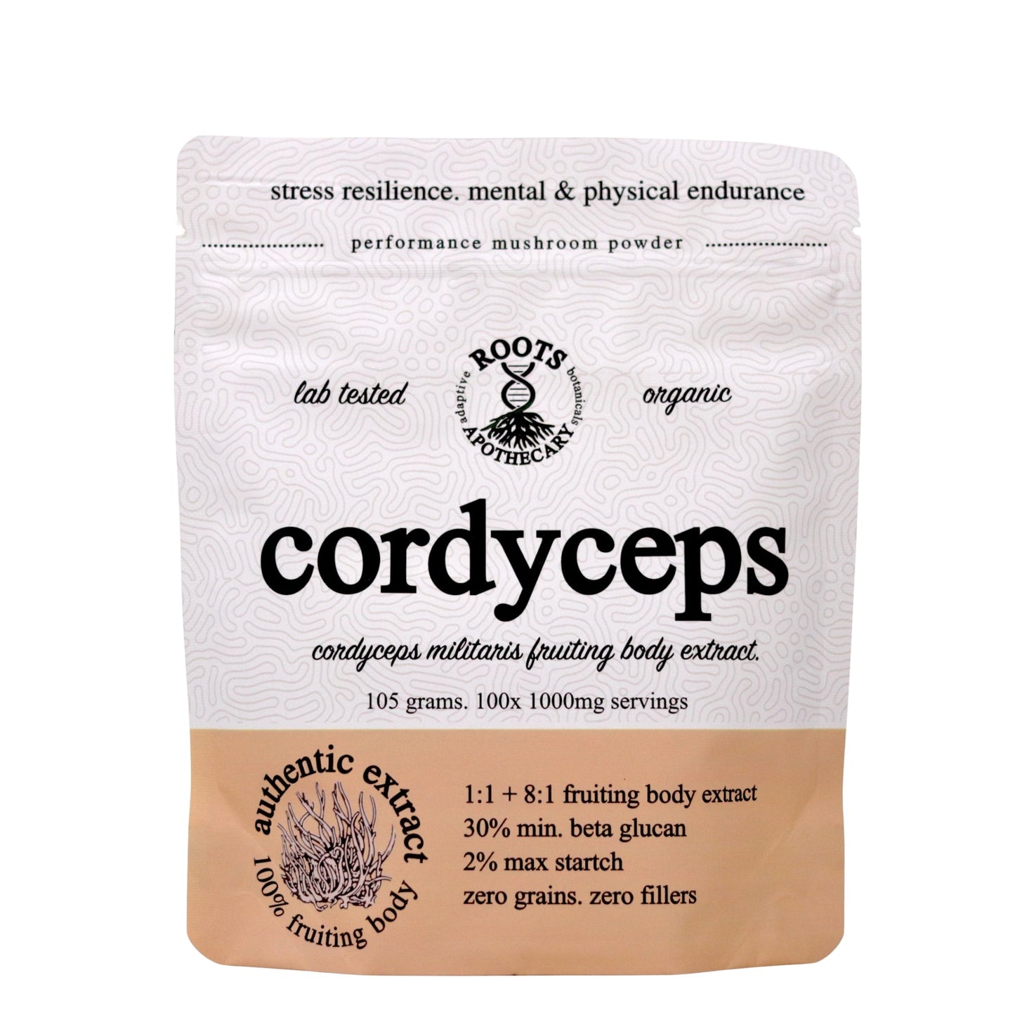 A beige/light brown pouch of Roots Apothecary cordyceps mushroom extract (organic) highlights 30% beta-D-glucan, ≤2% starch, no grains/fillers, authentic lab-tested ingredients. Net weight: 105g.