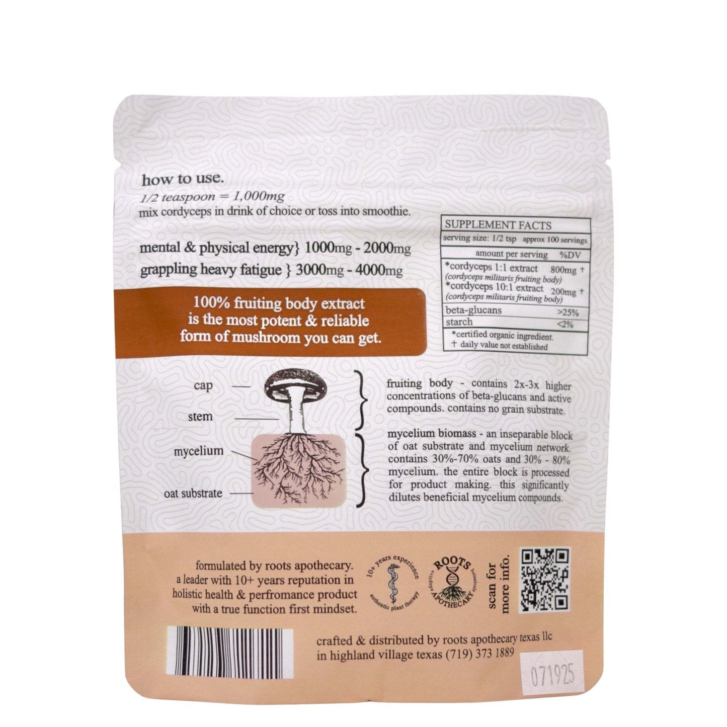 A beige pouch from Roots Apothecary features supplement instructions, a mushroom diagram (cap, stem, root substrate), nutrition facts, and product info. An orange section highlights benefits of cordyceps mushroom extract.