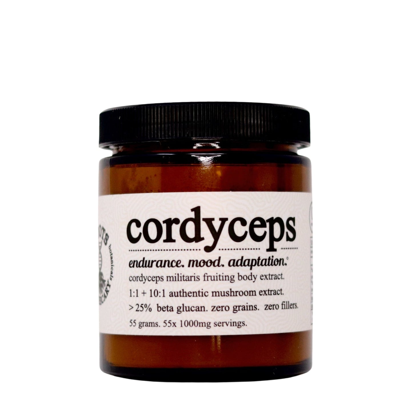 A brown glass jar with a black lid from Roots Apothecary labeled "3 pack shroom stack" contains 100% fruiting body Cordyceps militaris extract (55g), featuring beta-glucans for endurance and mood, with no grains or fillers.