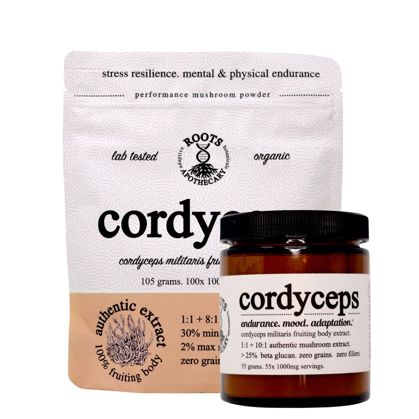 A white resealable pouch and brown glass jar of Roots Apothecary cordyceps mushroom extract (organic). The pouch lists benefits, ingredients, and beta-d-glucan content; the jar label highlights endurance, mood, and adaptation support.