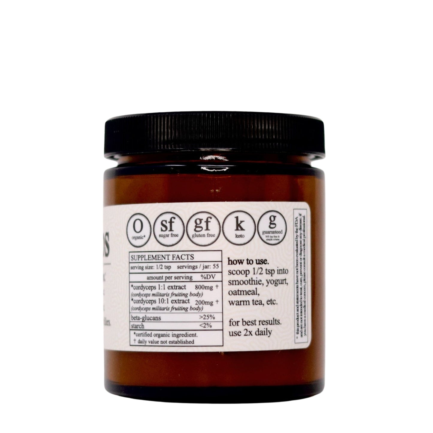 A brown glass jar with a black lid from Roots Apothecary holds organic cordyceps mushroom extract. The sugar-free, gluten-free, keto-friendly supplement suggests adding 1/2 tsp to food or drinks twice daily. Contents are not visible.