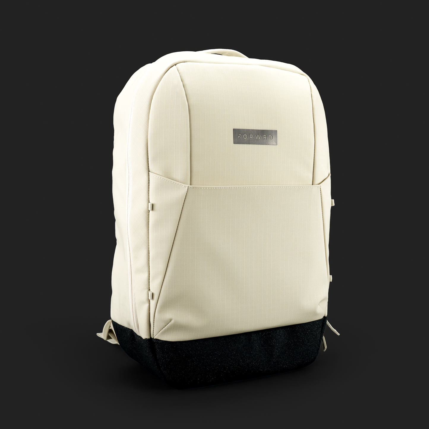 The FORWRD Court Ranger Pickleball Backpack is a minimalist, cream-colored bag with a black bottom, front vertical seams, and a small brand label. Padded shoulder straps and a modern design make it the ideal pickleball bag for everyday use.