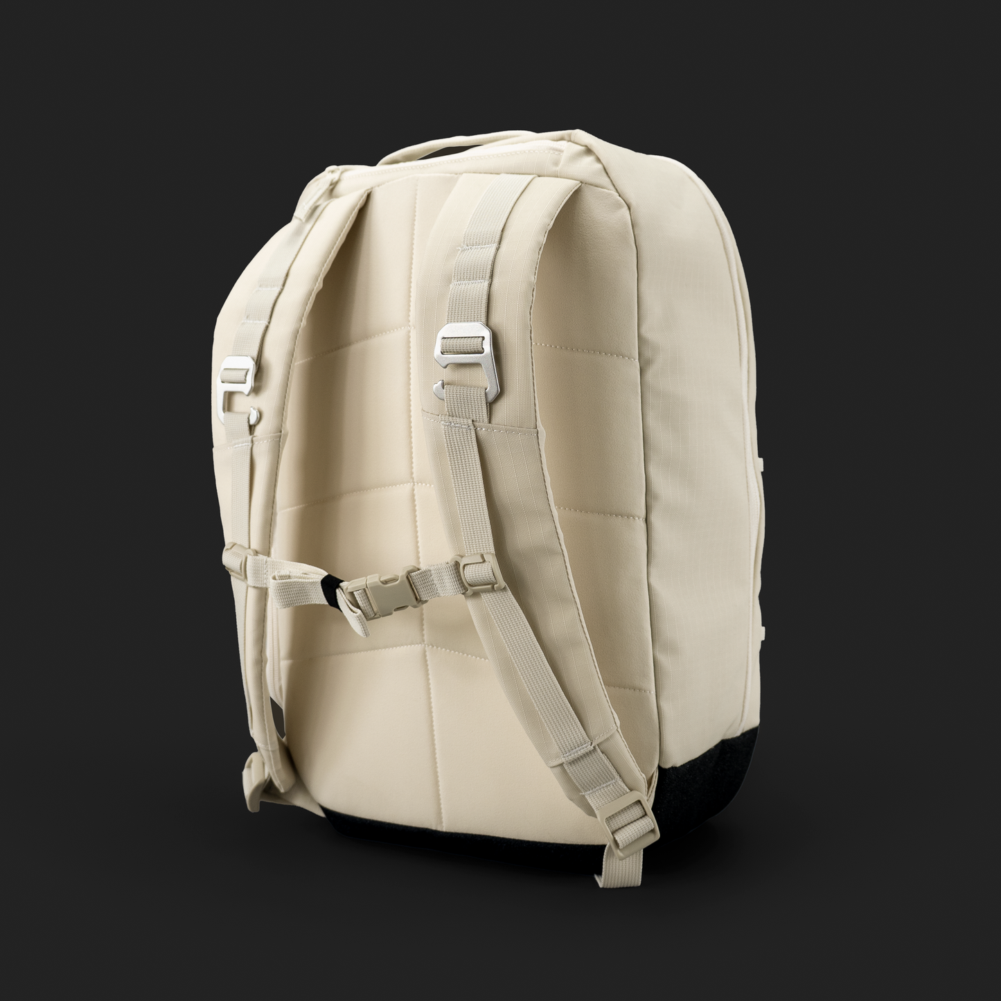 The FORWRD Court Ranger Pickleball Backpack in beige is displayed against a black background, showcasing its modern, minimalist structure with padded, adjustable shoulder straps, sternum strap, quilted back padding, and sturdy top handle.