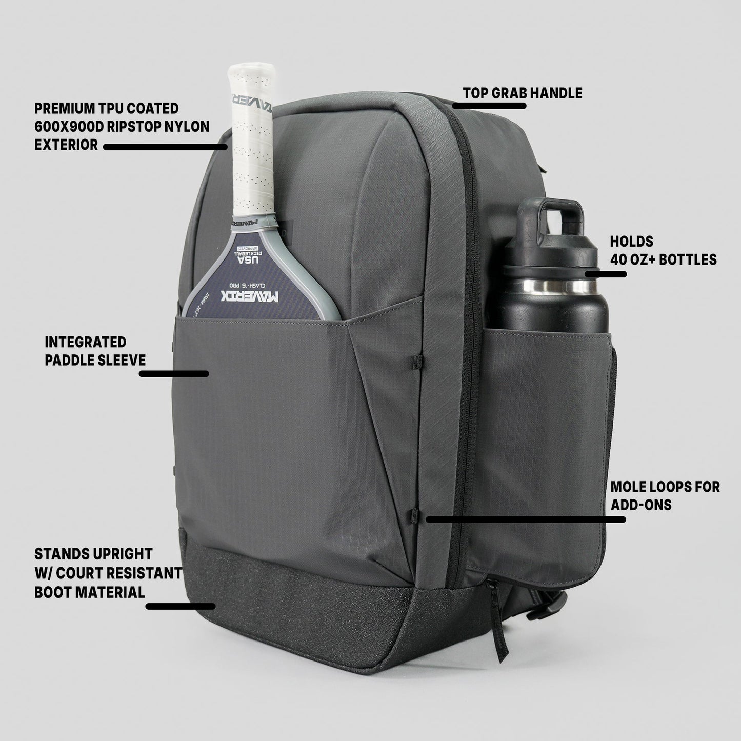 The FORWRD Court Ranger Pickleball Backpack is shown in gray, with a top grab handle, integrated paddle sleeve (with paddle), side pocket for a large water bottle, TPU-coated ripstop nylon exterior, court-resistant bottom, and MOLLE loops.