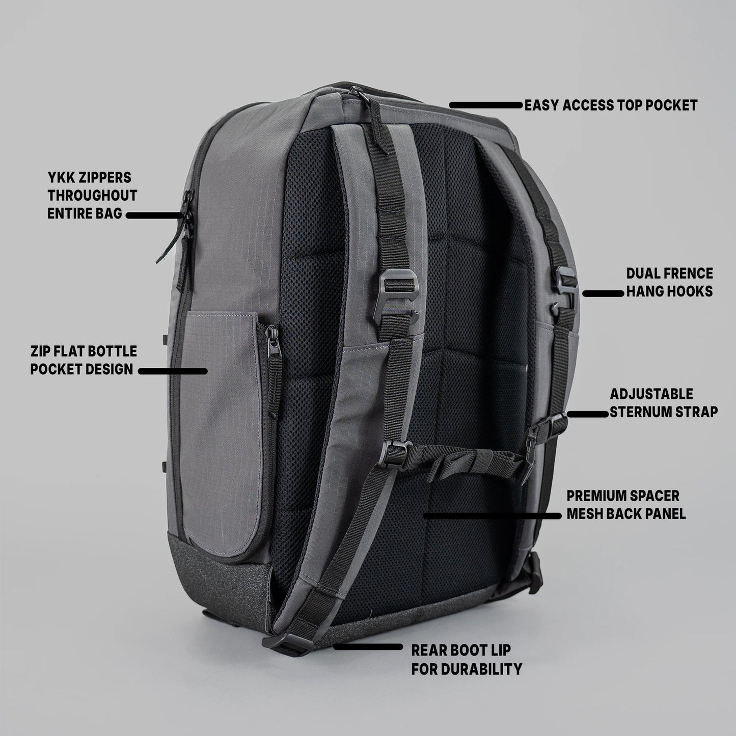 The FORWRD Court Ranger Pickleball Backpack is shown at an angle in black and gray, with labeled features: YKK zippers, flat bottle pocket, top pocket, dual fence hooks, adjustable sternum strap, mesh back panel, and boot lip.
