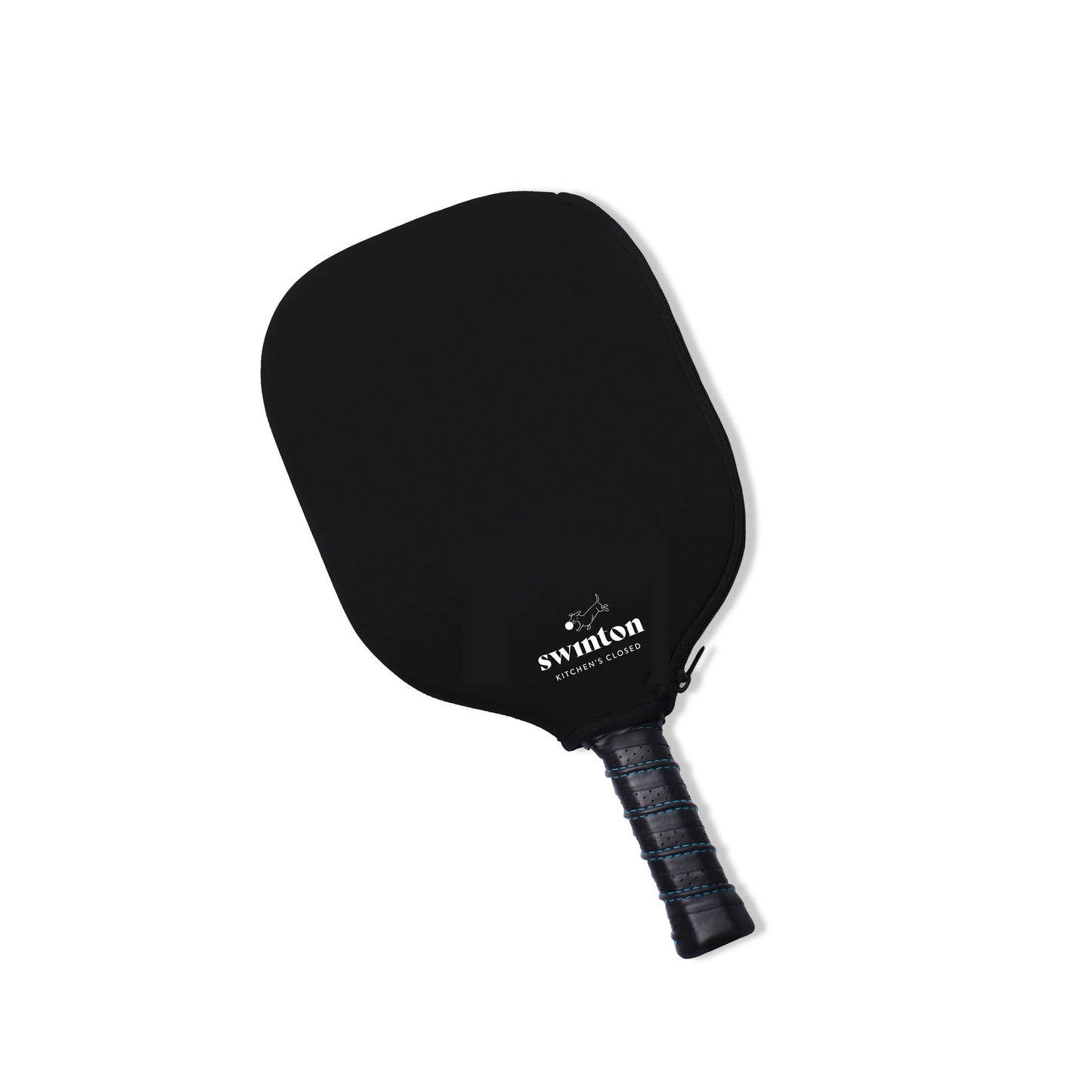 The Eclipse Camo Pickleball Paddle by Swinton Pickleball features a black, textured graphite face, rectangular head, wrapped handle, and a white “swinton” dog logo on the lower paddle. USA Pickleball Approved. Set against a white background.
