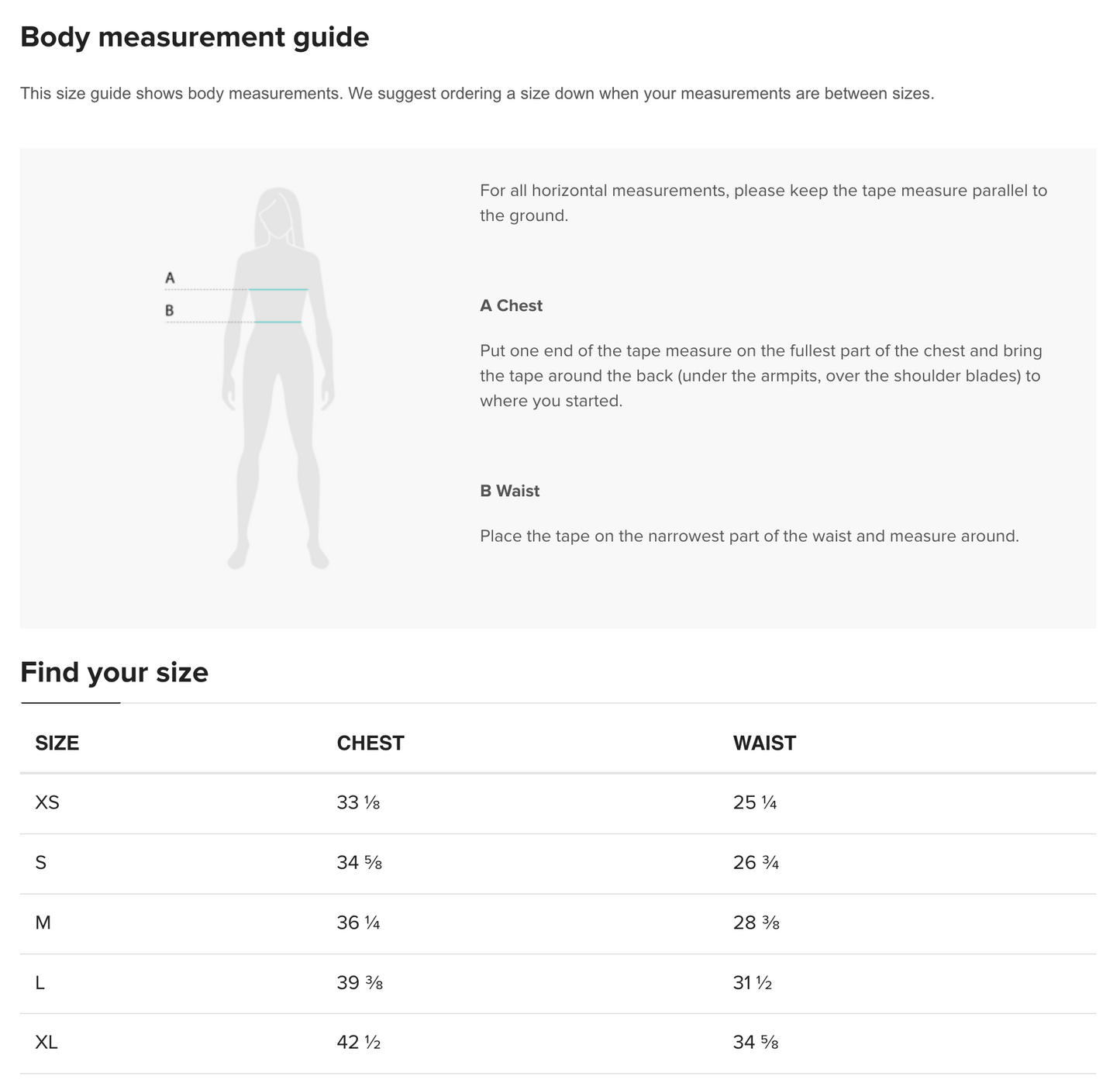 A body measurement guide for the CROWN PICKLEBALL - Women's Corona Crop-top (Pink) by Crown Pickleball, with a chest (A) and waist (B) diagram, measuring tips, and size chart (XS–XL; chest 32–42½", waist 25–34½") on a white background.