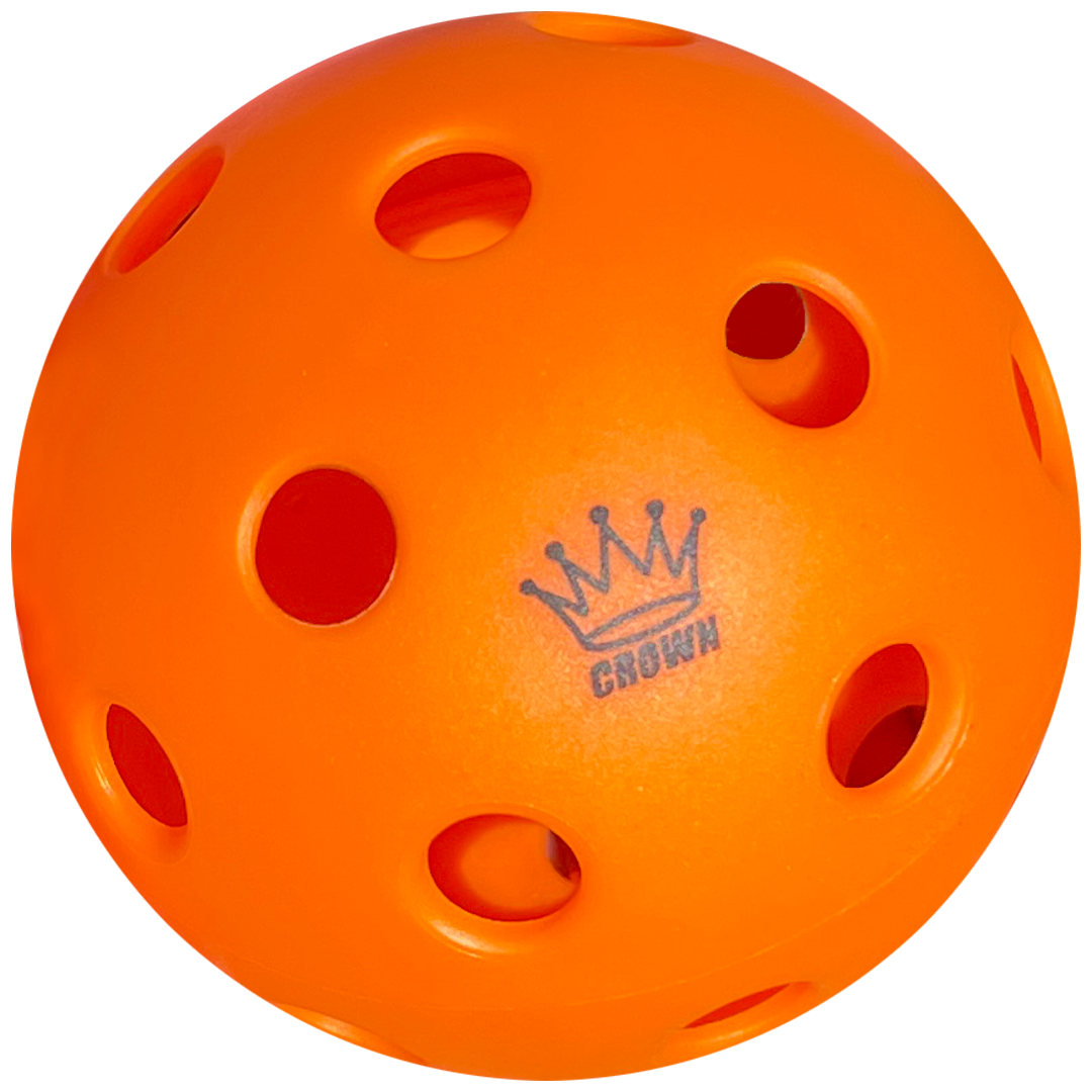The CROWN PICKLEBALL High-Performance INDOOR Pickleballs (3-PACK TANGERINE) by Crown Pickleball are orange, lightweight balls with multiple holes, featuring a gray crown logo—durable and ideal for competitive indoor play.