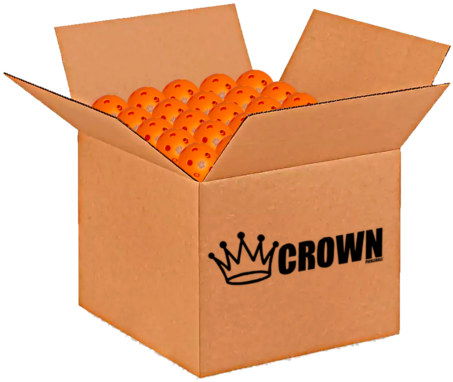 An open “CROWN” box with a crown logo reveals multiple bright tangerine Crown Pickleball High-Performance Indoor Pickleballs, each marked with black logos or text, against a plain white background.