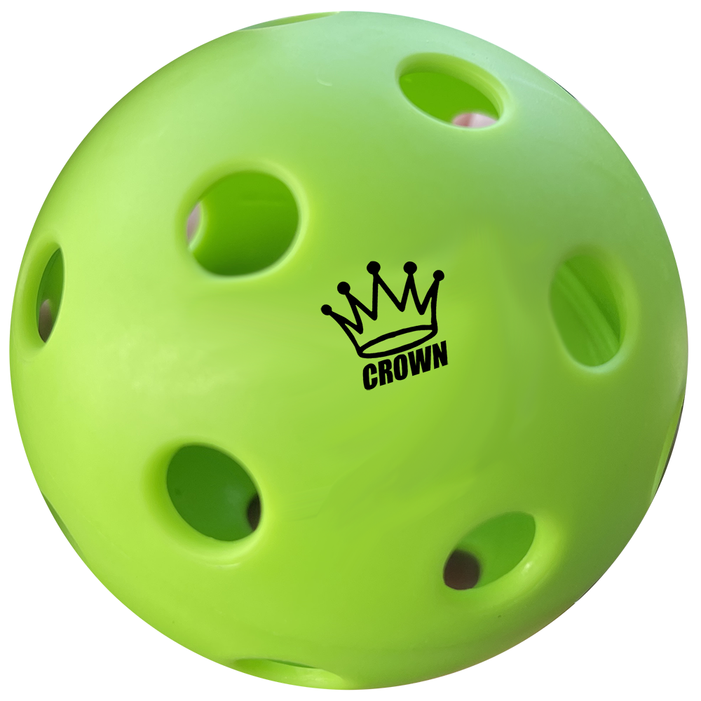 The CROWN PICKLEBALL High-Performance INDOOR Pickleballs (3-PACK APPLE) by Crown Pickleball are bright green, durable balls with round holes and a black crown logo. Designed for precise indoor play, they're shown against a white background.