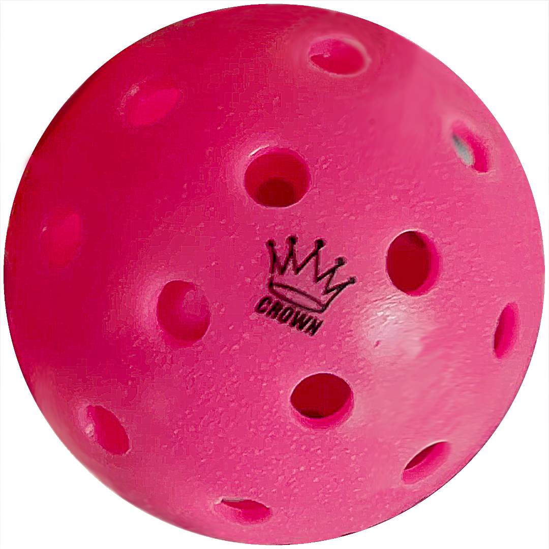 The CROWN PICKLEBALL High-Performance OUTDOOR Pickleballs (3-PACK CHERRY) by Crown Pickleball feature bright pink balls with multiple holes and a black CROWN logo, displayed on a white background.