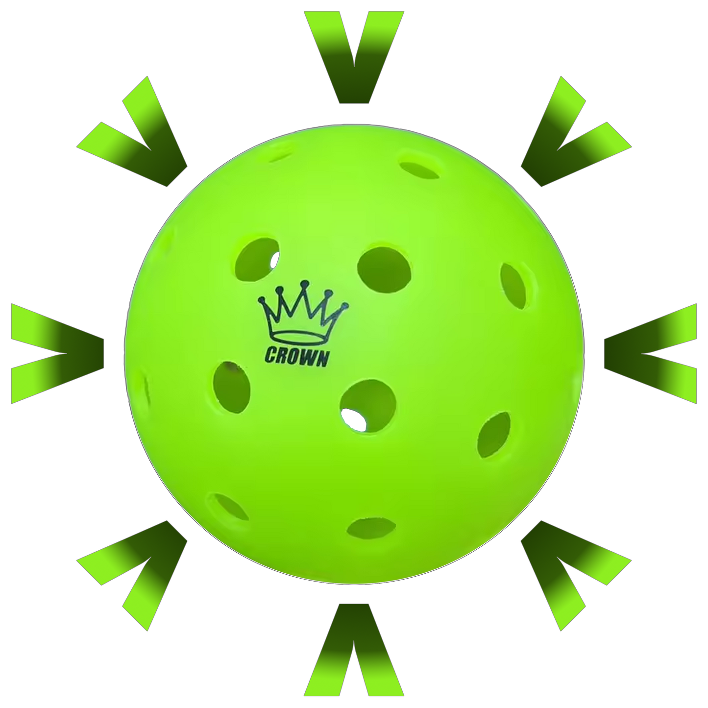 The CROWN PICKLEBALL - PRIME TIME 40 Pickleballs (3-PACK) by Crown Pickleball features a bright green, perforated ball with "CROWN" and a crown graphic, plus a pressurized-welded seam for consistent bounce, shown with dark green V-shaped arrows on white.