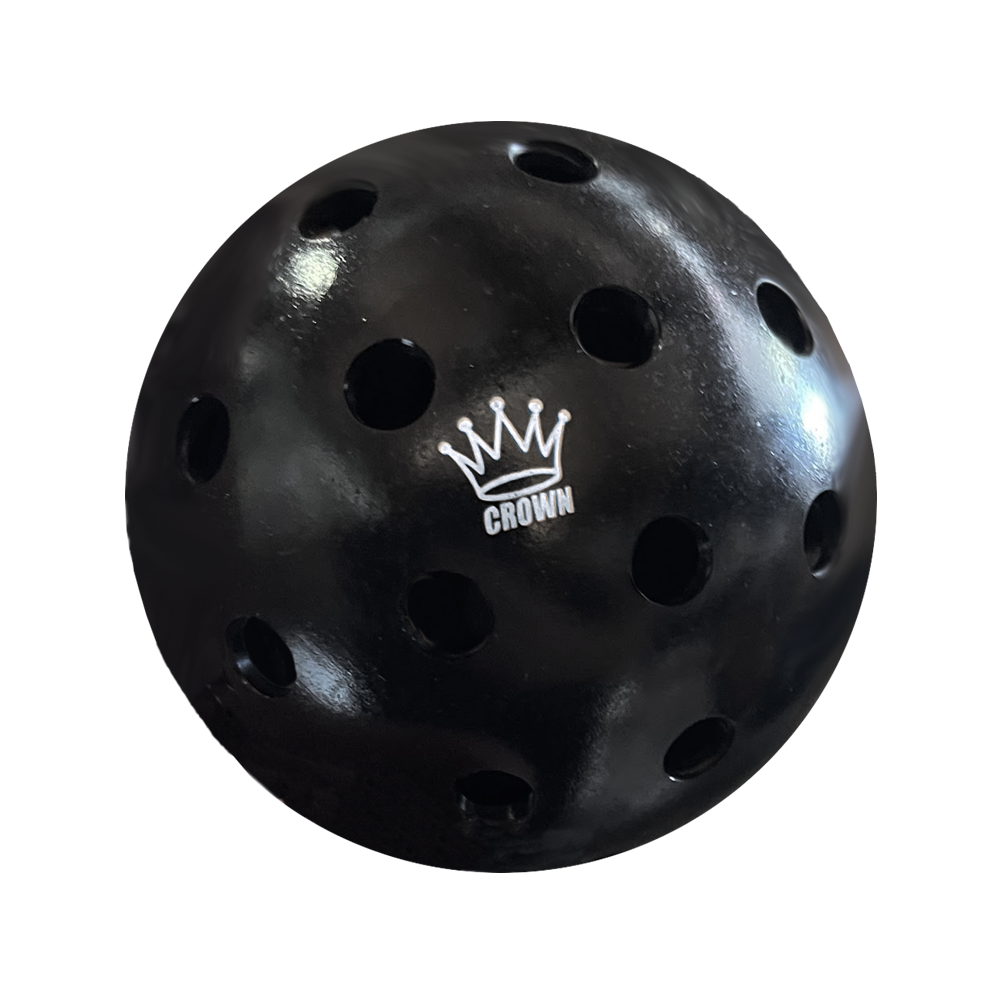 The CROWN PICKLEBALL - High-Performance Indoor and Outdoor Pickleballs (3-Pack) by Crown Pickleball features a black plastic ball with round holes and a white crown logo above "CROWN" on a plain white background.