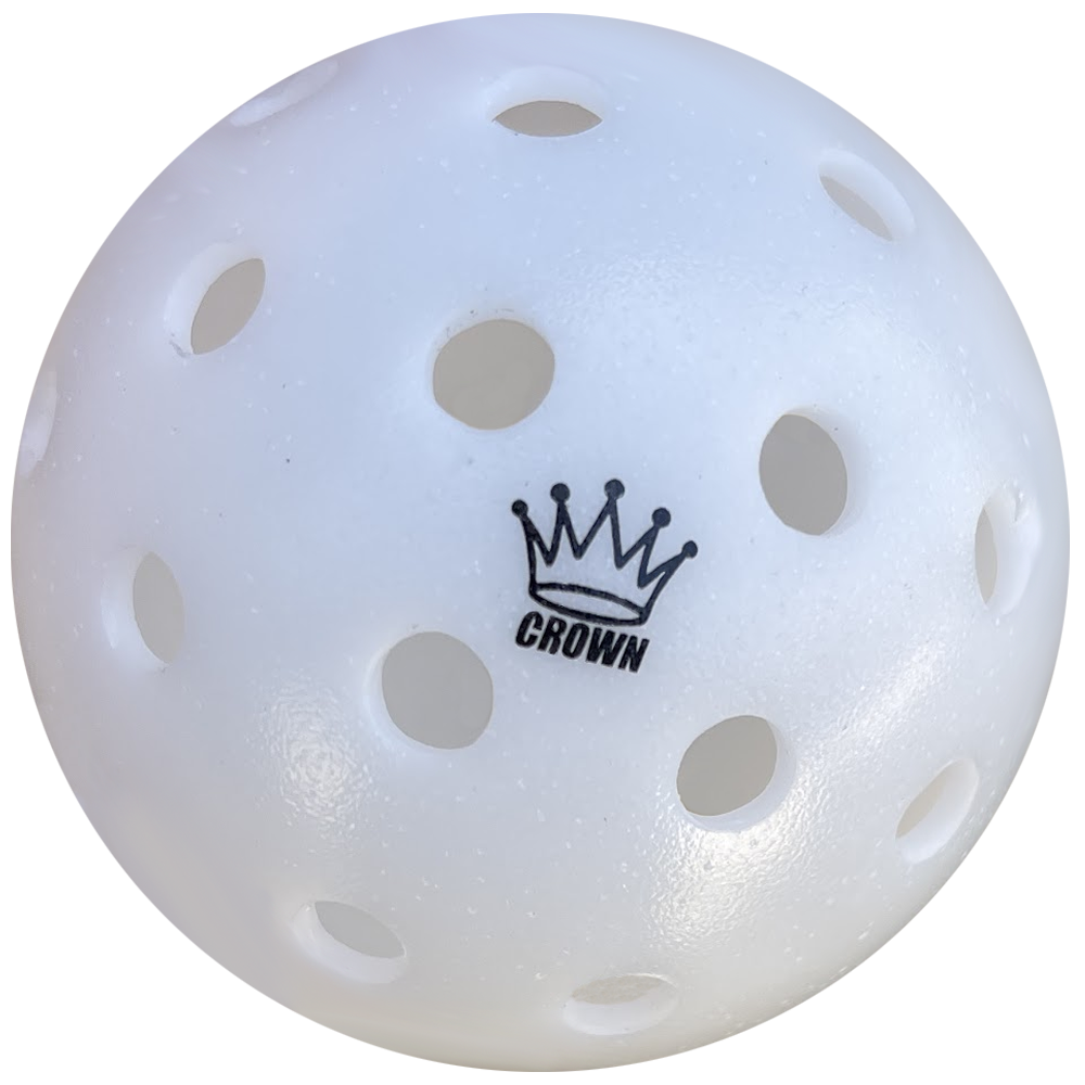 The CROWN PICKLEBALL High-Performance CONTRAST OUTDOOR Pickleballs 3-Pack (COCONUT) from Crown Pickleball features white plastic balls with round holes and a black crown logo, offering durability and visibility for recreational play.