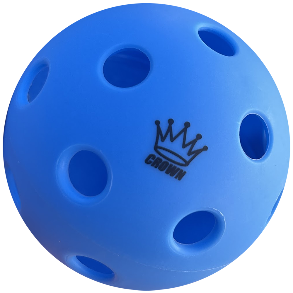 The CROWN PICKLEBALL High-Performance INDOOR Pickleballs (3-PACK BLUEBERRY) by Crown Pickleball are blue, lightweight plastic balls with circular holes and a crown logo, perfect for high-control indoor pickleball and recreational play.