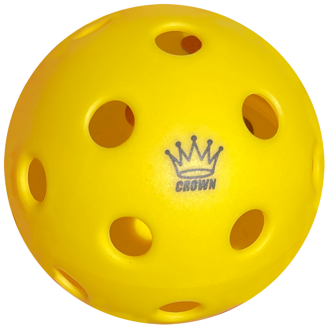 The CROWN PICKLEBALL - High-Performance INDOOR Pickleballs (3-PACK LEMON) by Crown Pickleball are yellow, perforated plastic balls with a crown icon above "CROWN" in gray on a plain white background, designed for high durability.