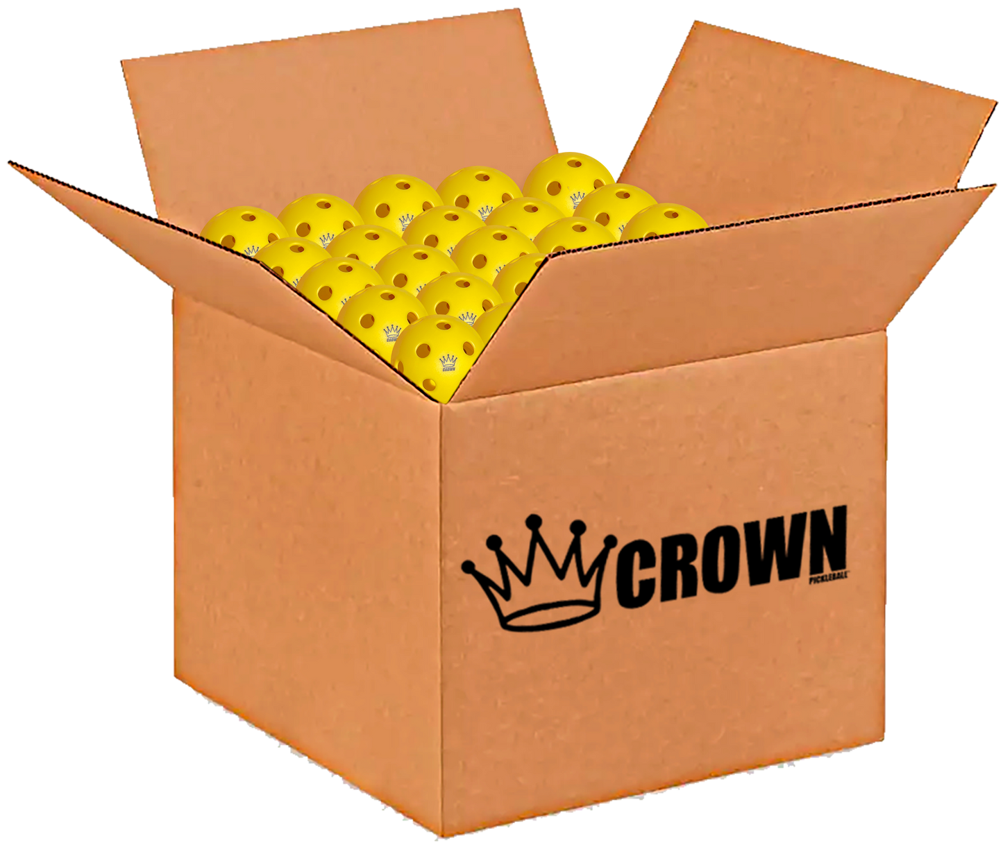 An open “CROWN” box holds CROWN PICKLEBALL High-Performance INDOOR Pickleballs (3-PACK LEMON), each yellow ball featuring the Crown Pickleball logo and crown motif, matching the box’s decorative design.