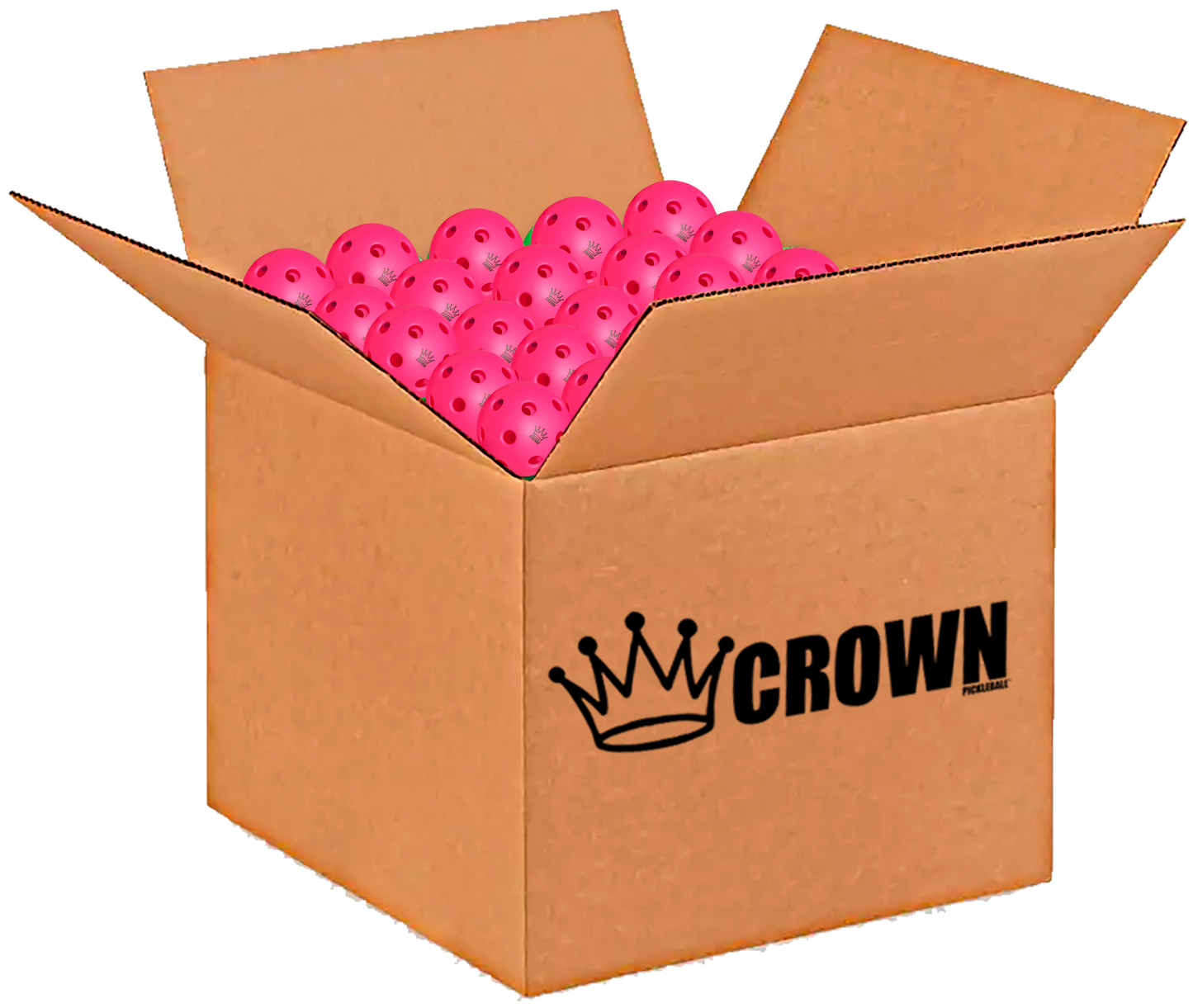 An open brown box with the CROWN logo contains Crown Pickleball High-Performance INDOOR Pickleballs (3-Pack Dragonfruit), showcasing several pink, long-lasting balls on a plain white background.