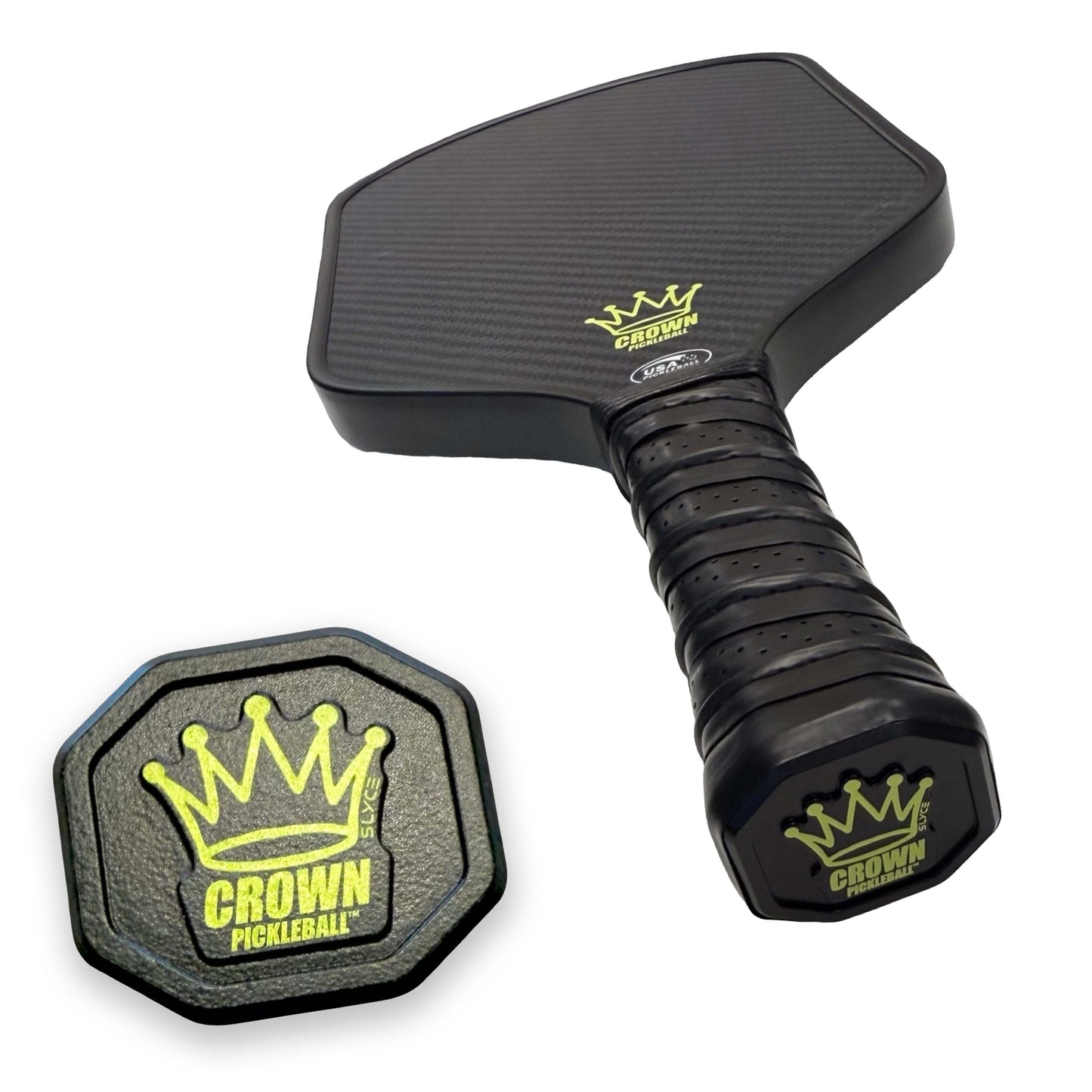 A black pickleball paddle with a textured surface and ergonomic grip, featuring Slyce Sport’s lime green Crown logo. Shown beside the Special Edition Crown Pickleball SpeedCap—a 28g black and green octagonal paddle cover for enhanced performance.