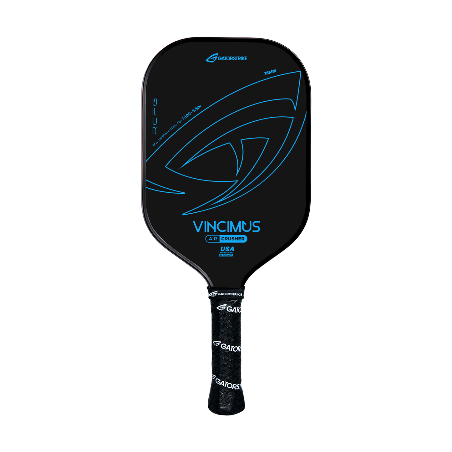 The Vincimus AIR CRUSHER T800 by GATORSTRIKE features a black carbon fiber grit face with bold blue “VINCIMUS” text, a wrapped GATORSTRIKE grip, unibody build, and abstract blue accents for explosive speed in its rounded flat-top design.