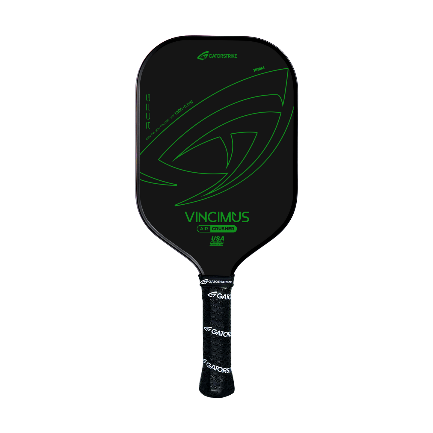 A black pickleball paddle with a raw carbon fiber unibody, neon green abstract accents, the GATORSTRIKE logo, and “Vincimus AIR CRUSHER T800” above the USA flag. The black handle features a textured grip and white branding.