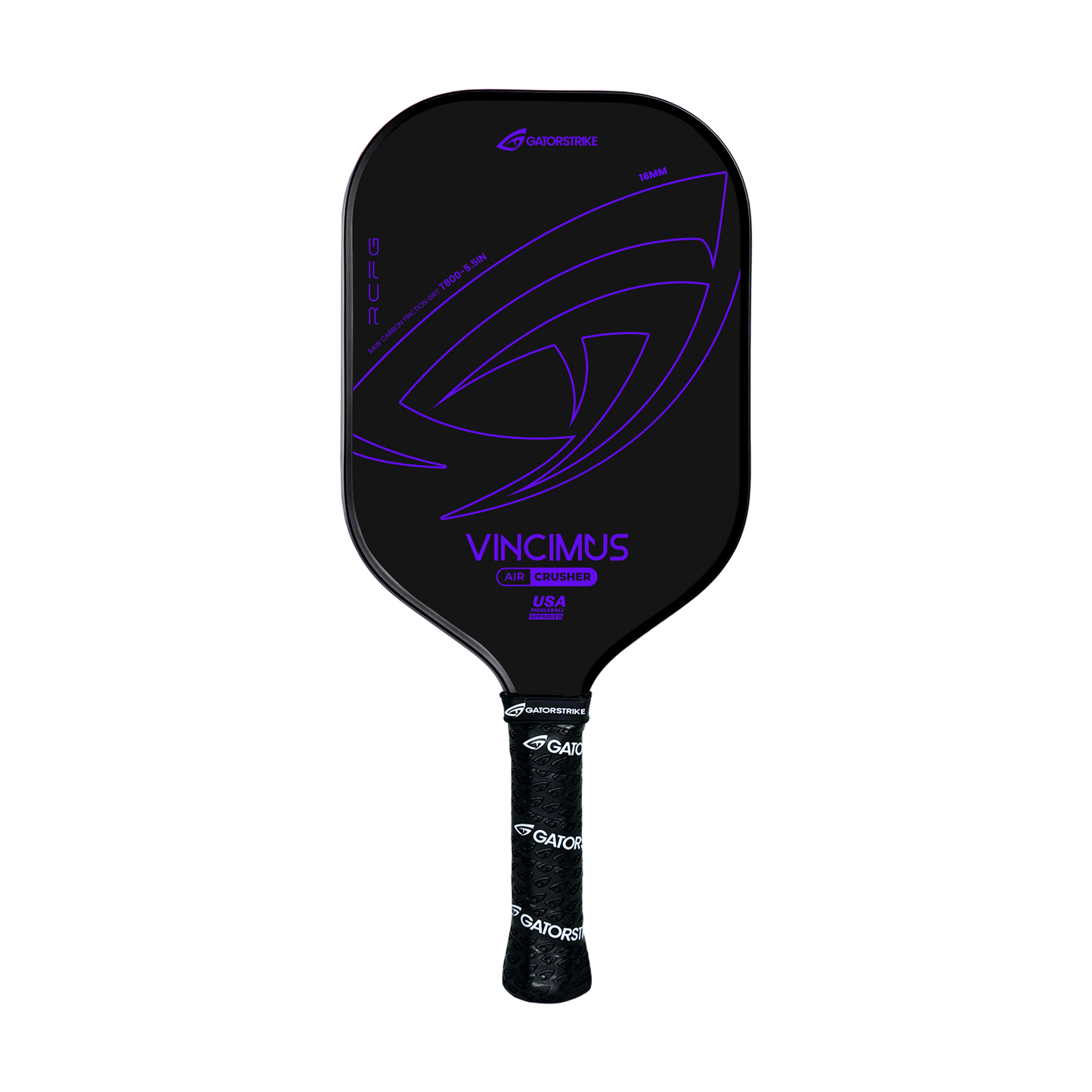 The Vincimus AIR CRUSHER T800 by GATORSTRIKE is a black pickleball paddle featuring bold purple geometric designs and "VINCIMUS" text, with GATORSTRIKE branding on the handle's black grip.