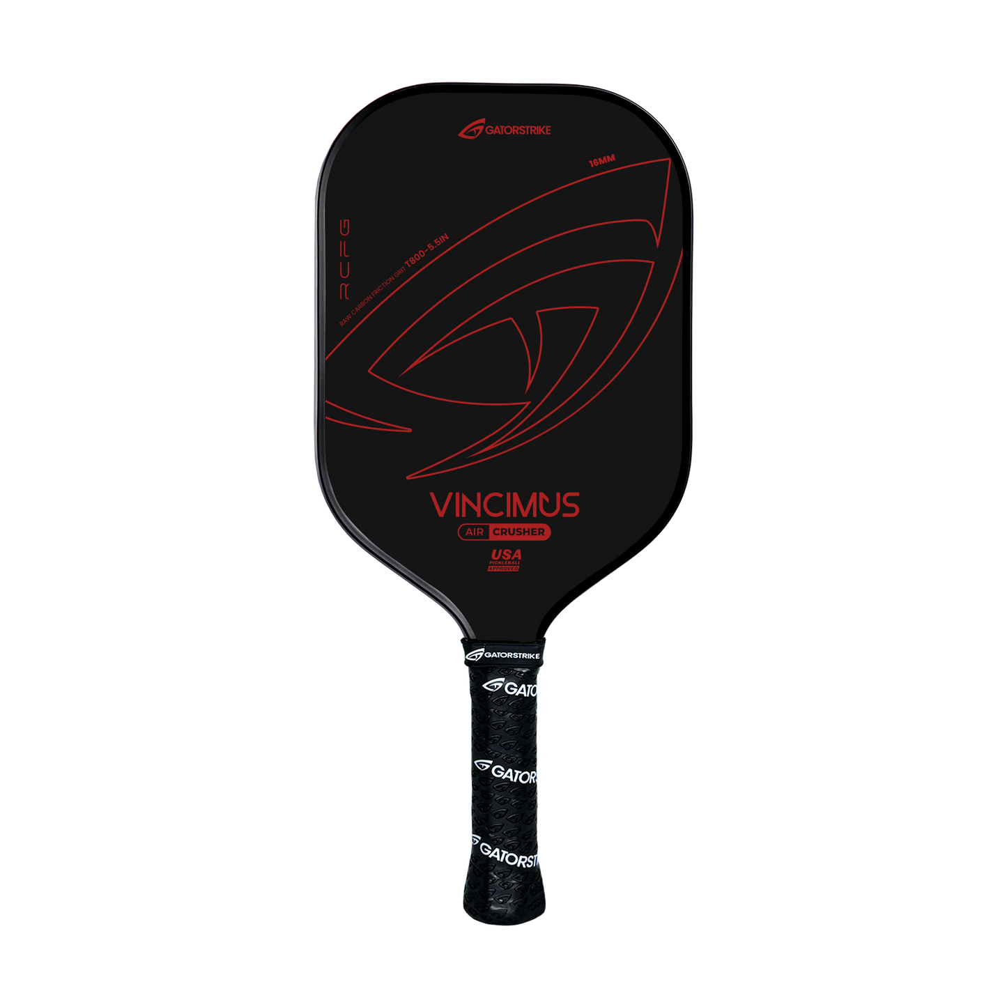 A black pickleball paddle with red accents and stylized lines, featuring the GATORSTRIKE brand at the top. Its unibody design offers explosive speed, and the Vincimus AIR CRUSHER T800 model name appears in red above a black branded grip.