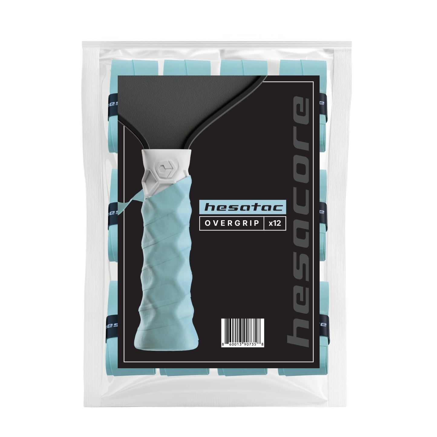 A clear plastic package of twelve turquoise Hesacore Hesatac Overgrip tennis overgrips by Hesacore Grip is shown, featuring black and blue branding, a barcode, and an image of a handle wrapped with the overgrip.