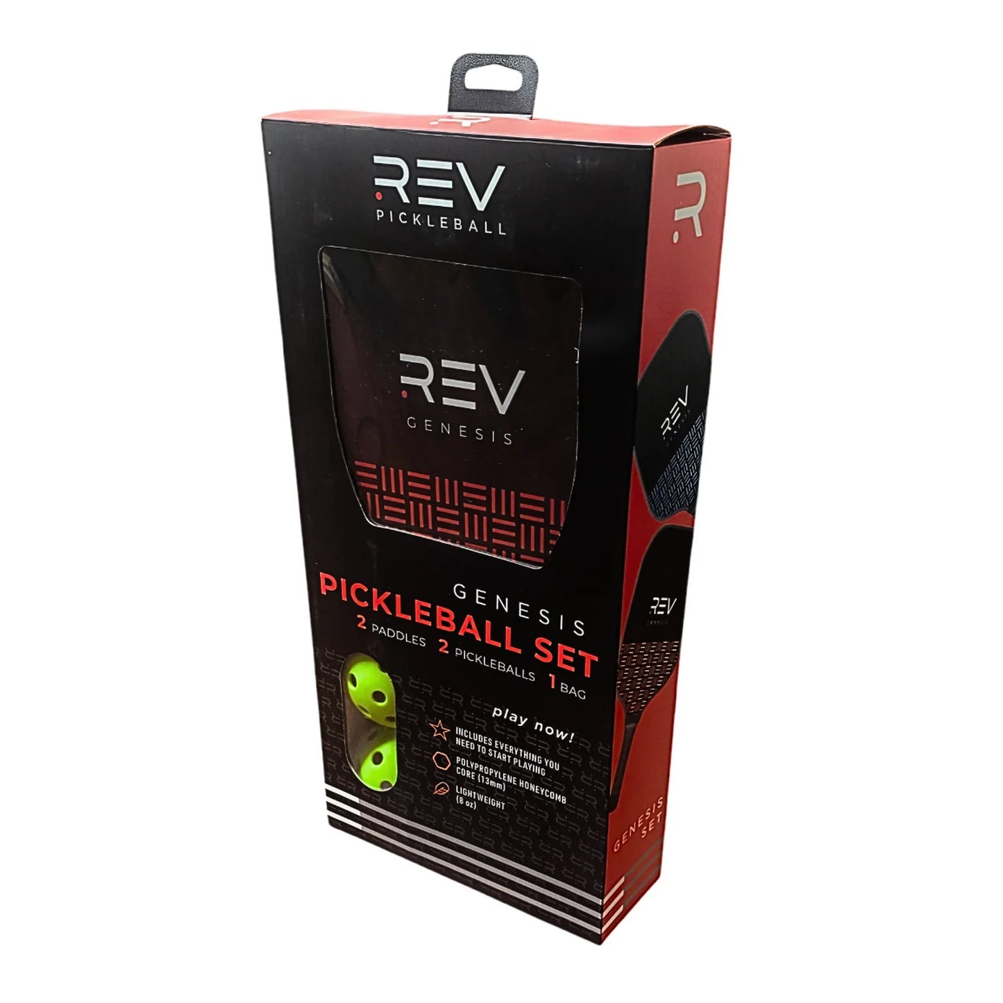 A red and black REV Pickleball GENESIS Pickleball Paddle Set box with a window displays a beginner paddle. Text says “GENESIS PICKLEBALL PADDLE SET” and lists 2 paddles, 2 bright green pickleballs, a bag, and features a top handle.