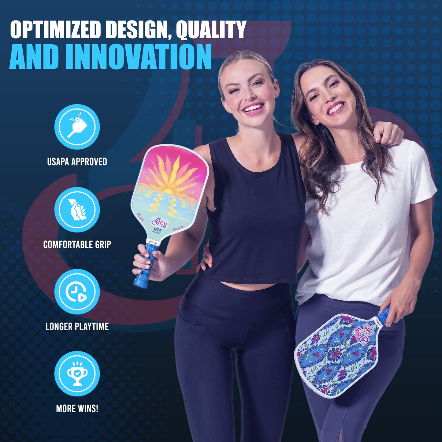 Two women stand arm in arm holding Damask 4Joy Pickleball Paddle Premio Series by 4Joy Paddles. Four blue icons note: USAPA approved, T700 carbon fiber, Comfortable grip, More wins! Text above states: Optimized design, quality and innovation.