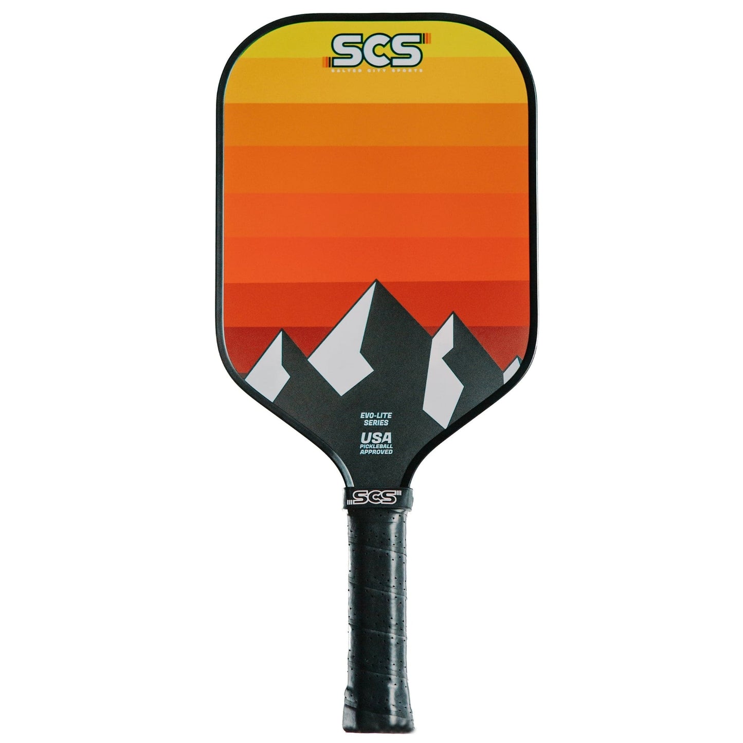 The Darkmode | Evo-Lite Series by Salted City Sports is a pro pickleball paddle with a black handle, mountain design in black/white/gray, Utah Jazz-inspired red/orange/yellow stripes, “SGS” logo top center. USA Pickleball approved.