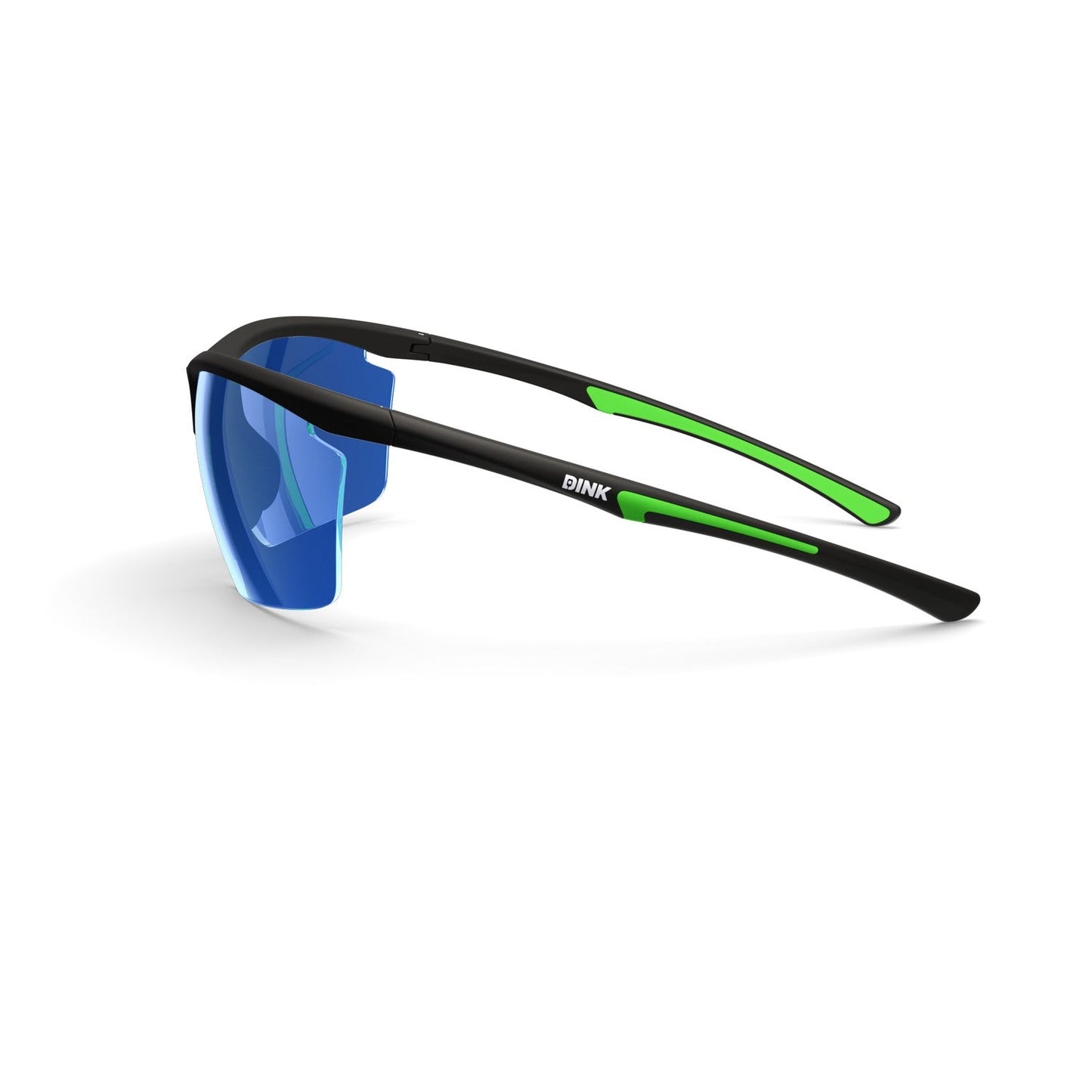 The Dink Eyewear Daytona Petite Large Pickleball Sunglasses feature a black frame with neon green arms and blue mirrored lenses in a sporty, lightweight wrap design, shown at an angle from behind left on a white background.