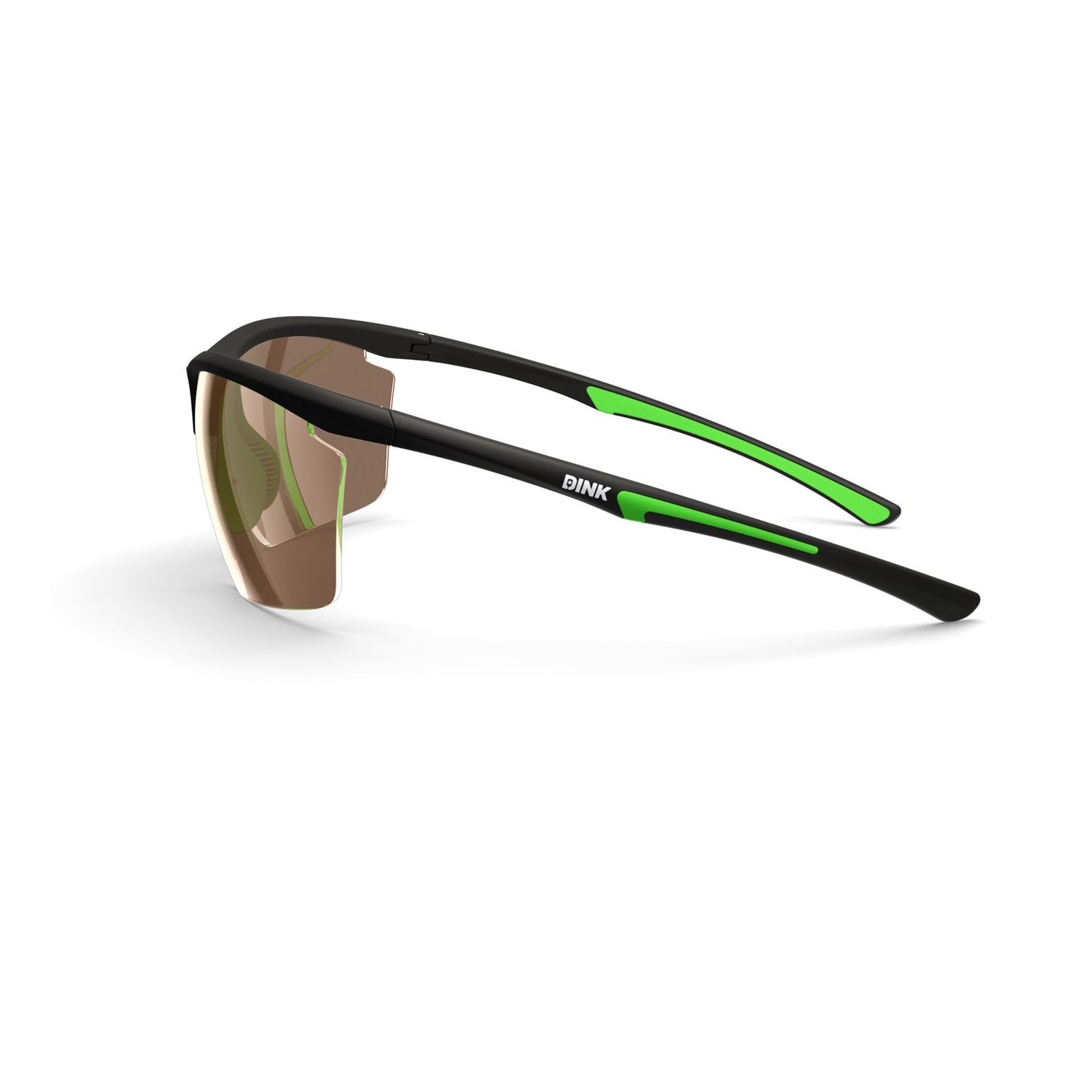 The Daytona Petite Large RX Pickleball Sunglasses by Dink Eyewear feature a sporty wrap design with black frames, green temple accents, and brown-tinted lenses. "Dink Eyewear" branding is visible in white on the side. Shown from an angled rear view on white.