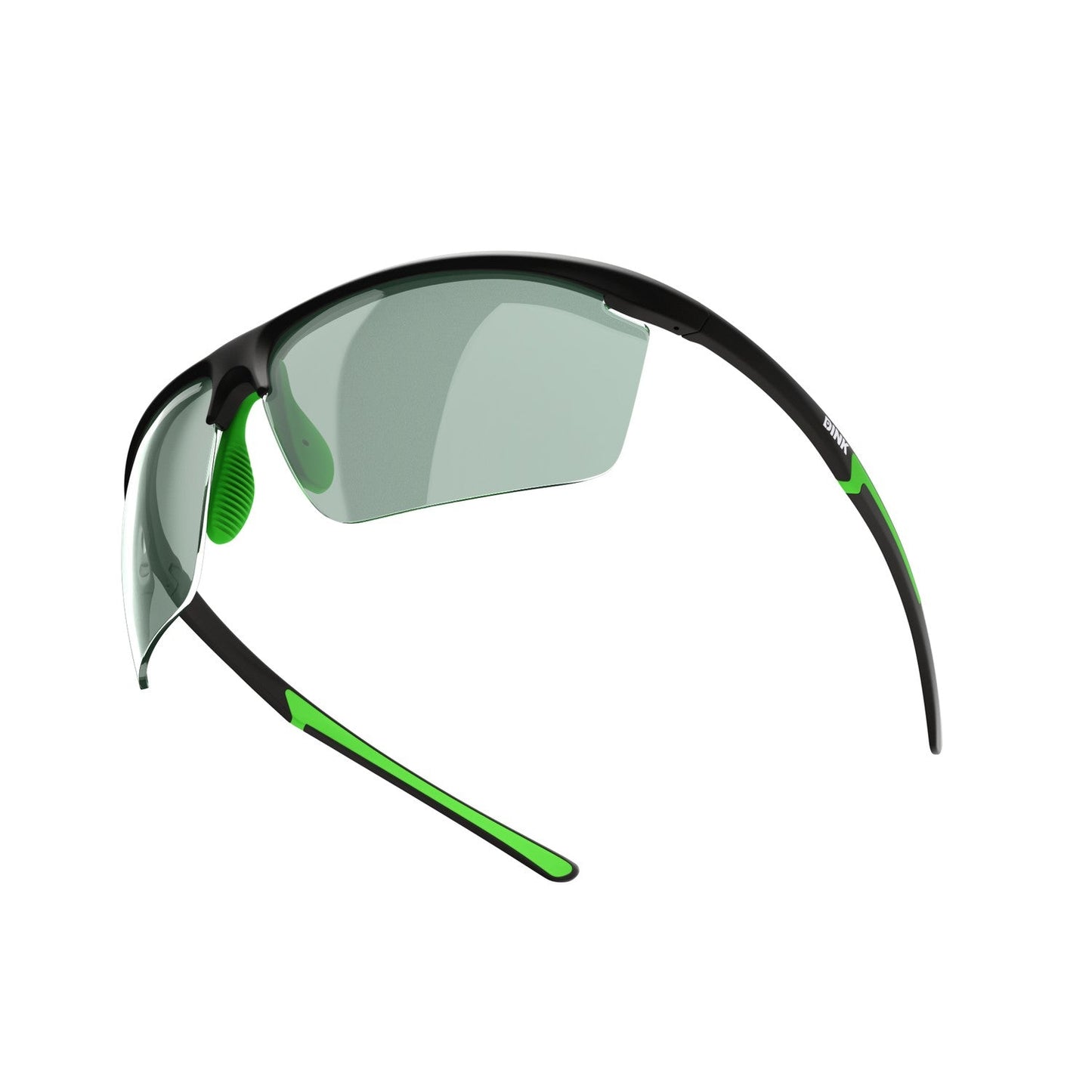 The Daytona Petite Large RX Sunglasses by Dink Eyewear feature a sporty black/green wrap frame and semi-rimless tinted lenses, offering an aerodynamic, lightweight fit—ideal for pickleball and outdoor sports.