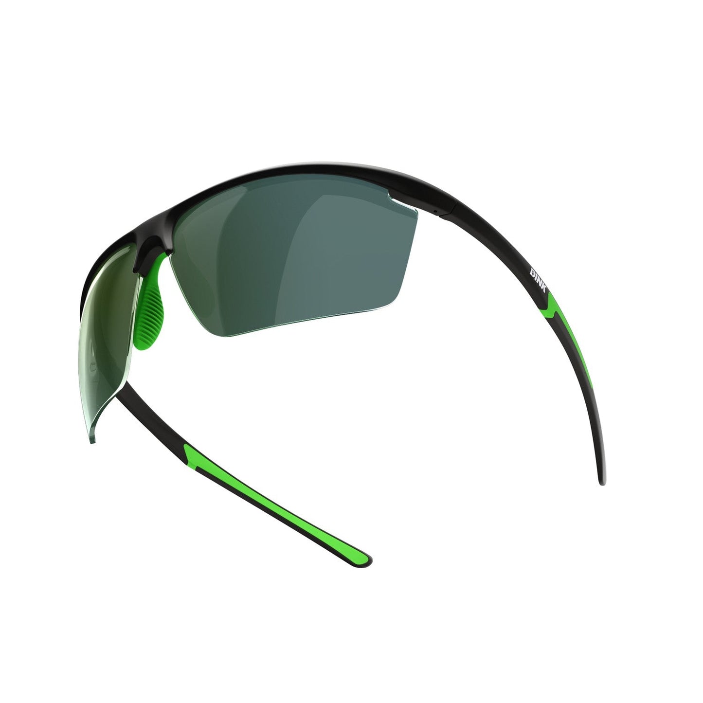 The Daytona Petite Large Sunglasses by Dink Eyewear feature a sporty wrap design, lightweight black frames, and green lenses—ideal for active days.