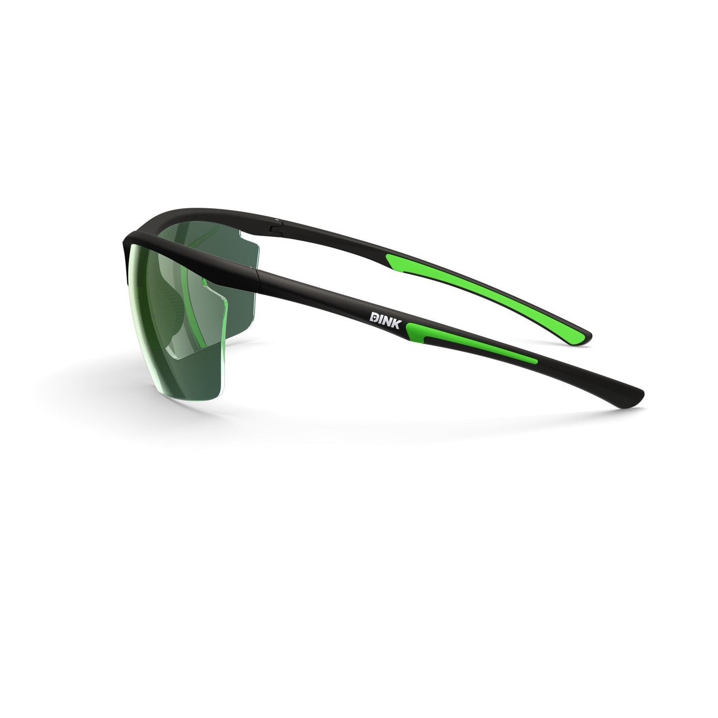 The Daytona Petite Large Pickleball Sunglasses by Dink Eyewear have a sporty wrap design, black frame with green accents, and lightly tinted lenses. "Dink" appears in white on the left arm. Shown against a plain white background.