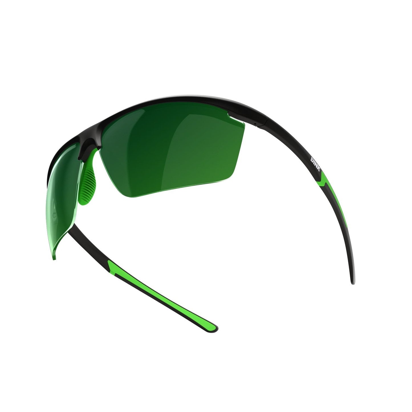 The Daytona Petite Large Pickleball Sunglasses by Dink Eyewear feature a black frame with green accents, green-tinted lenses, and a sporty wrap design for full eye coverage and a modern look.
