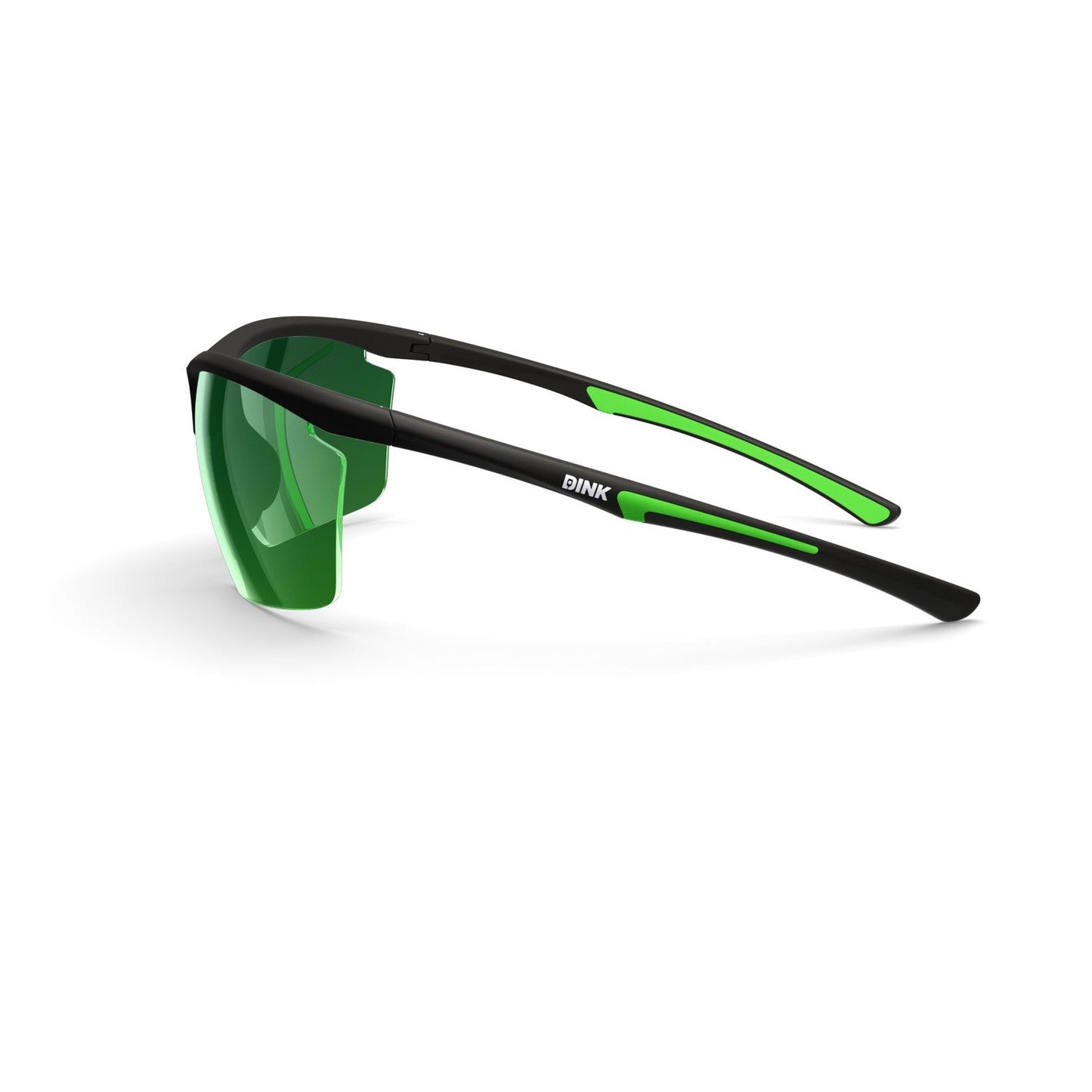 The Dink Eyewear Daytona Petite Large Pickleball Sunglasses feature a sporty wrap design with black frames, green arm accents, reflective green lenses, and "DINK" printed on the left arm—perfect lightweight eyewear for pickleball.