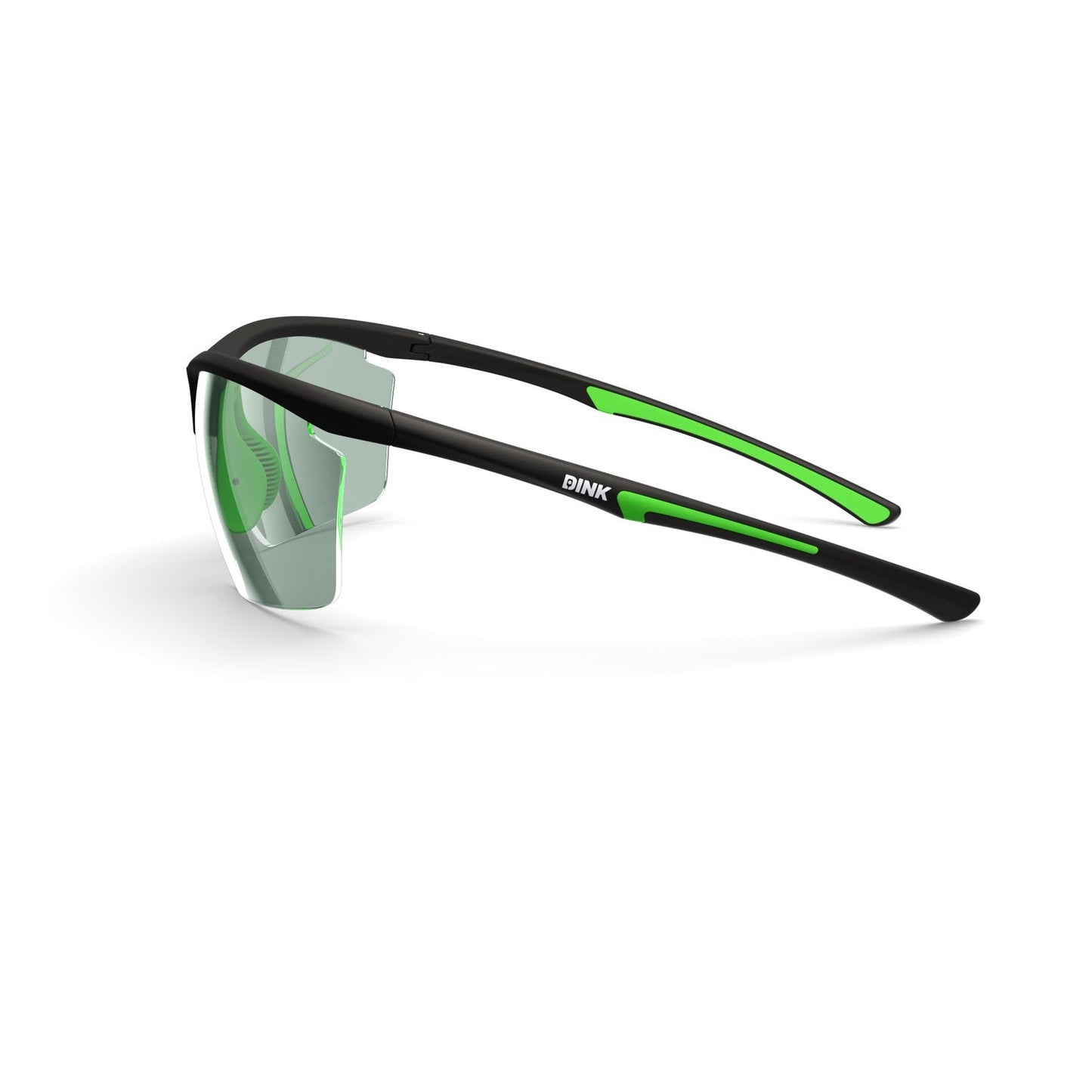 The Daytona Petite Large Sunglasses by Dink Eyewear feature a sporty black wrap design with green accents inside the arms, frameless bottoms, and a slight reflective tint. "Dink" is printed in white on the left arm.