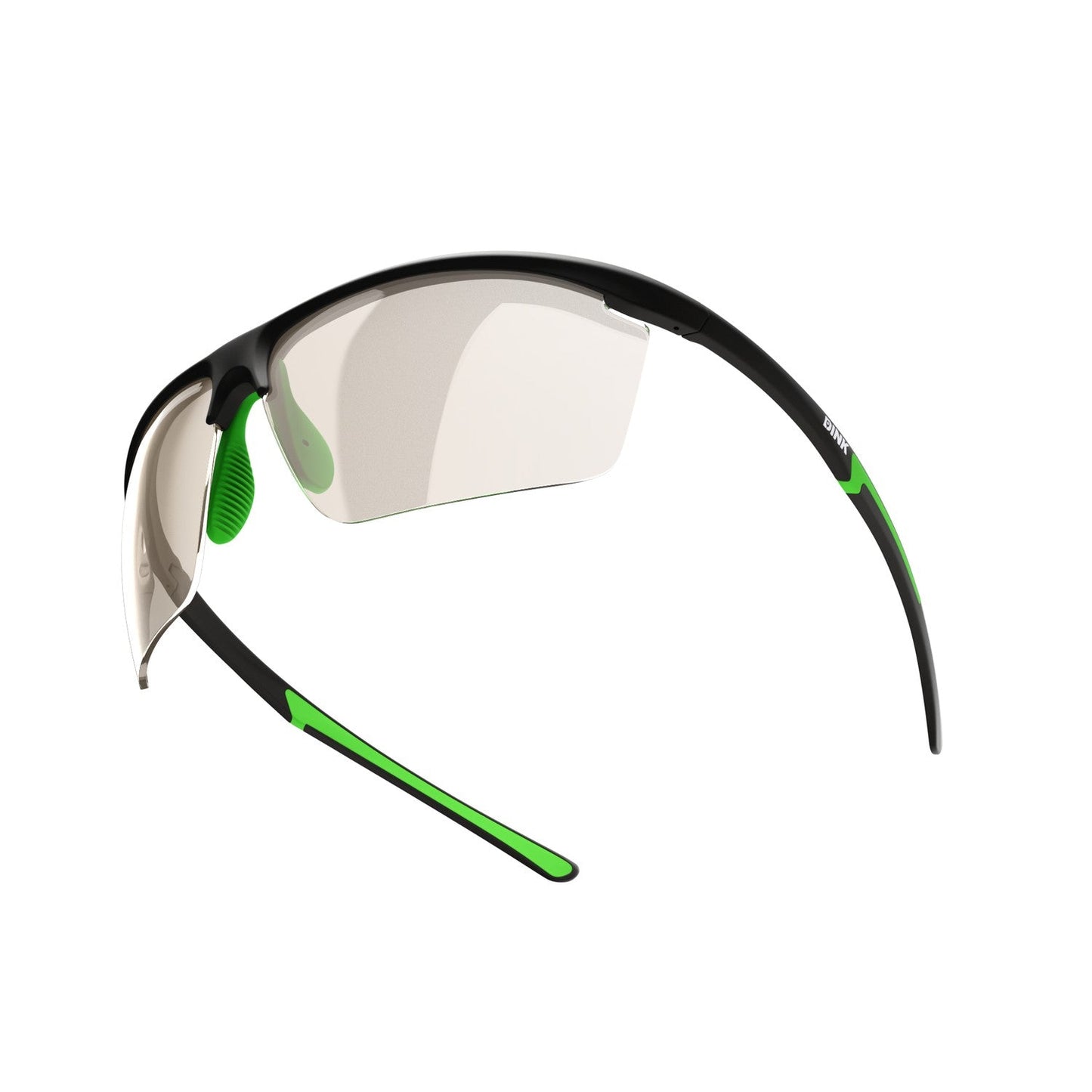 Dink Eyewear Daytona Petite Large RX Sunglasses in black/green feature a sporty wrap design, semi-rimless frame, clear lenses, and green rubber nose pads and temple tips, shown on a white background.