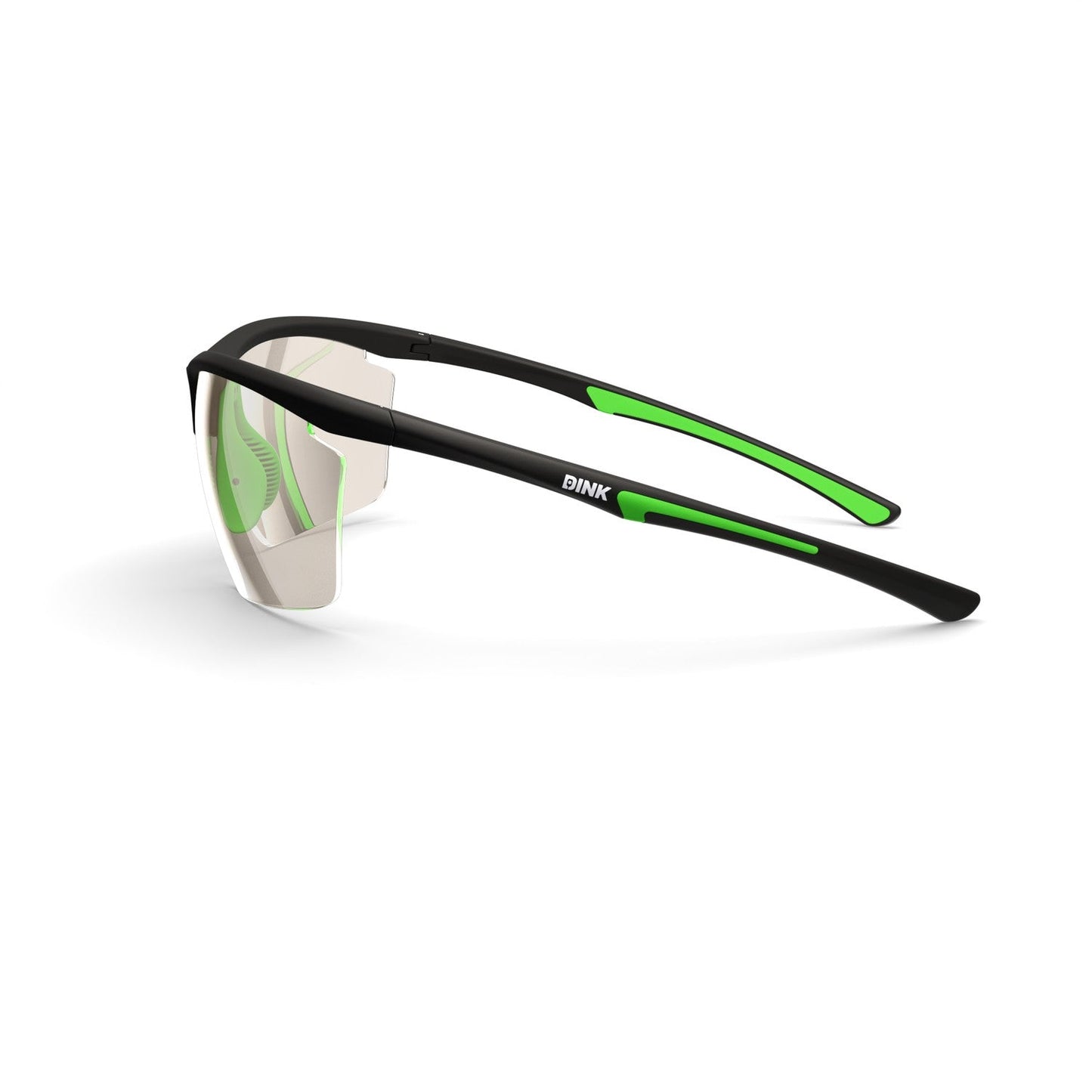 Dink Eyewear’s Daytona Petite Large RX Pickleball Sunglasses in Black/Green feature sporty black frames with green accents, slightly reflective tinted lenses, and “BINK” inside the left arm. Shown on a white background.